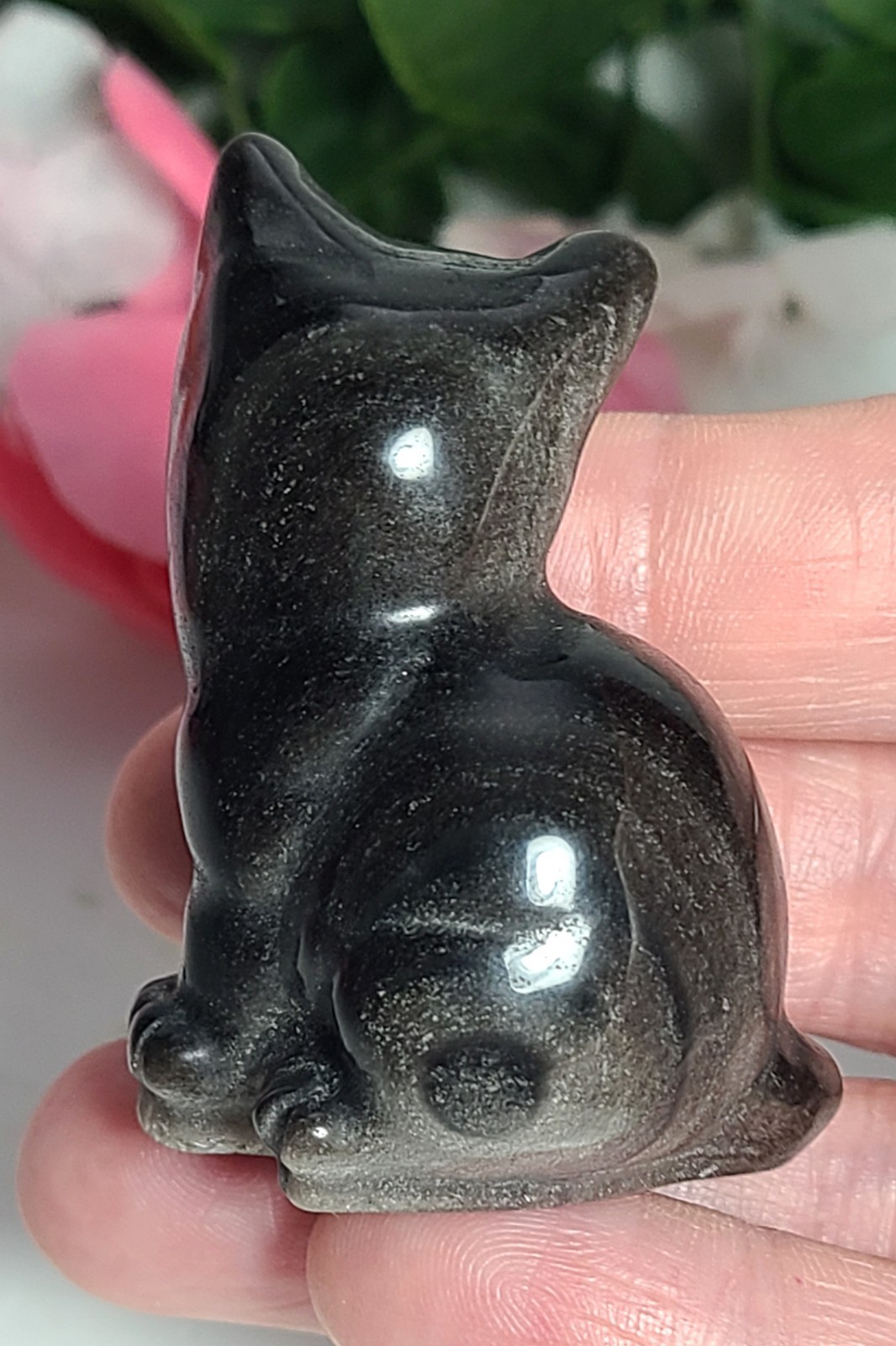 2″ 53g Adorable Silver Sheen Obsidian Sitting Cat Crystal Stone Carving Statue