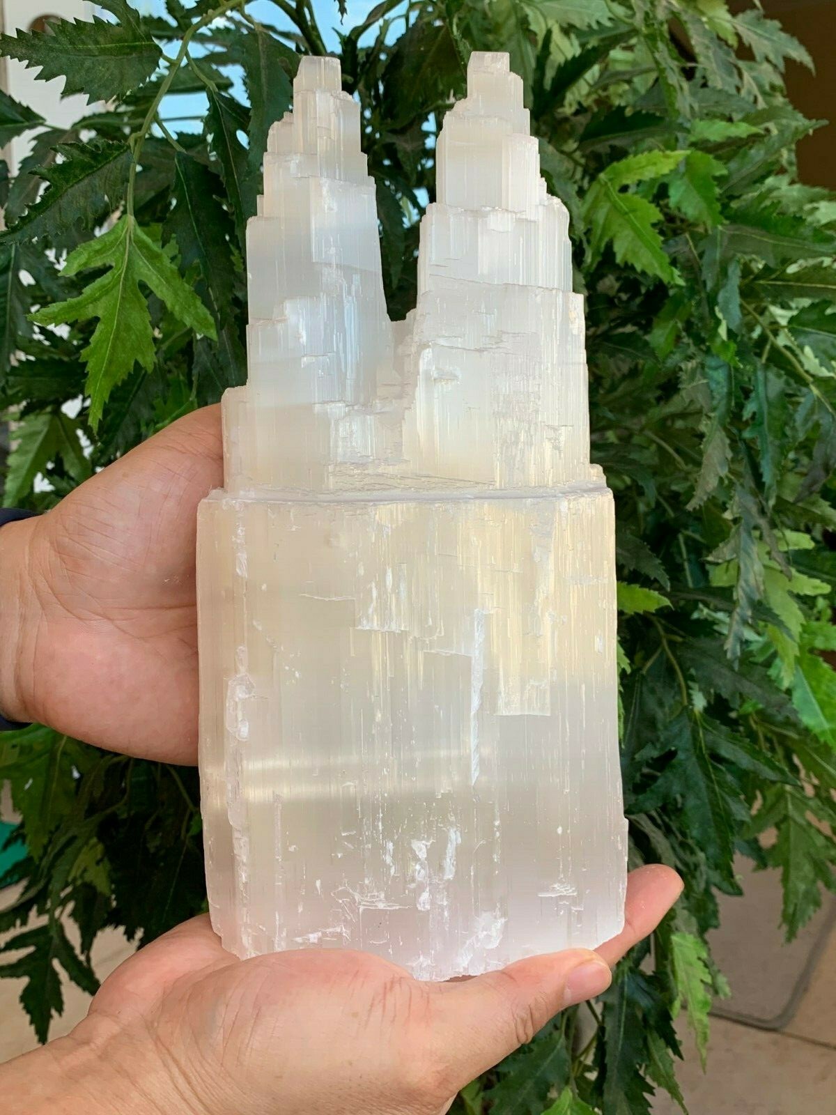 Large or Extra Large Double Twin Tower Selenite Skyscraper Lamp, 10 to 16″ Tall