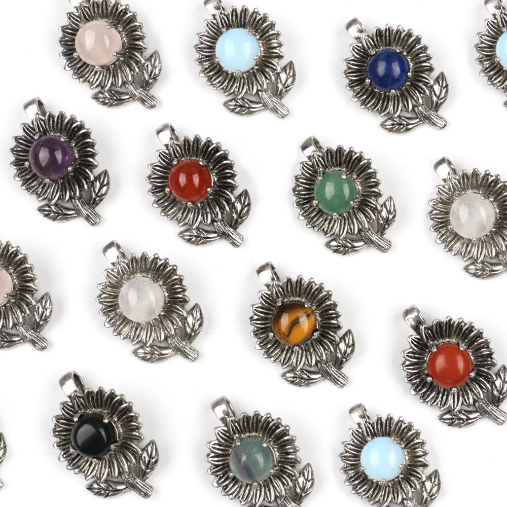 1pc Chakra Crystal Sunflower Pendants Round Beads Quartz Gemstones Healing Reiki