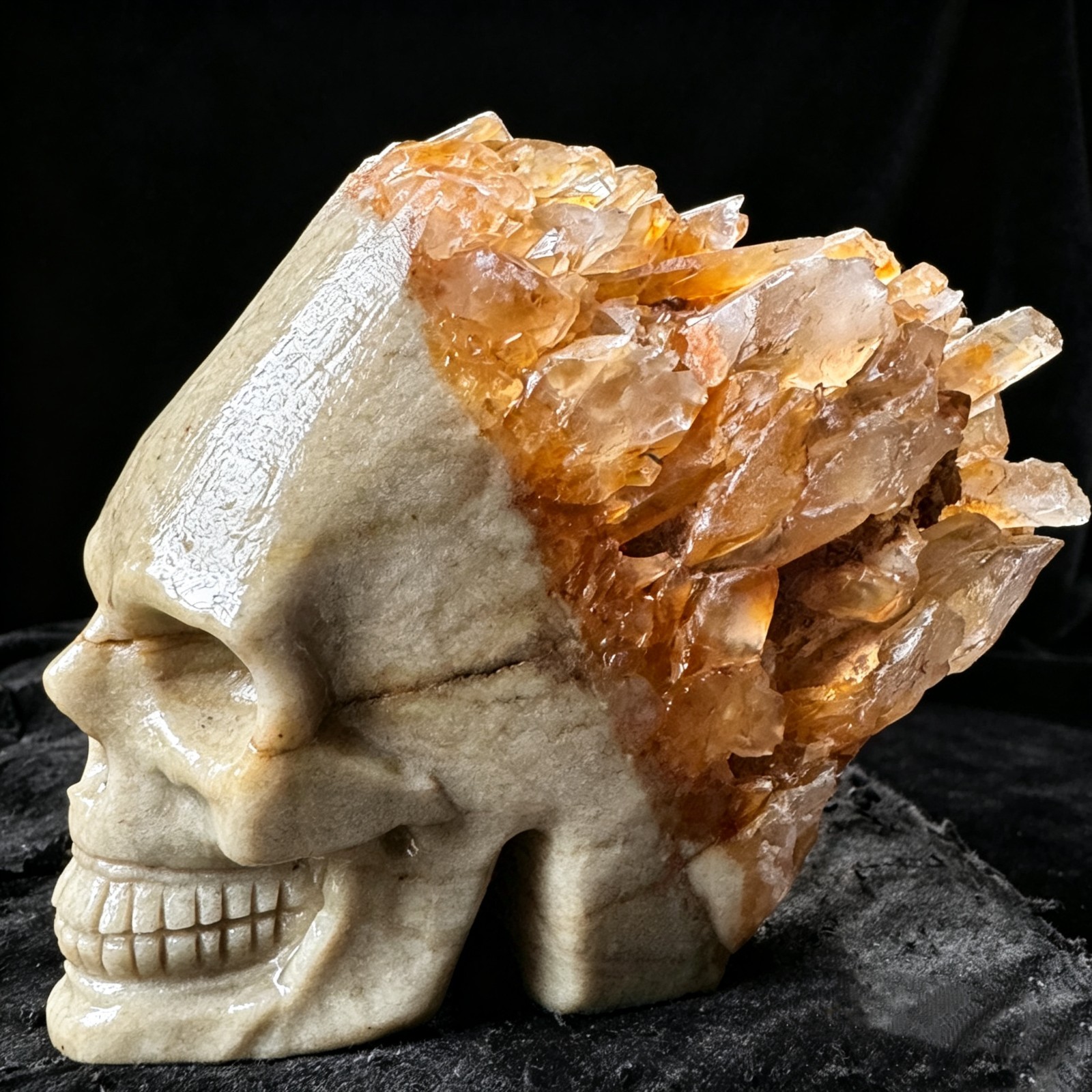 Hand Carved Natural Crystal Cluster Skull – Large Gothic Desk Decor Sculpture