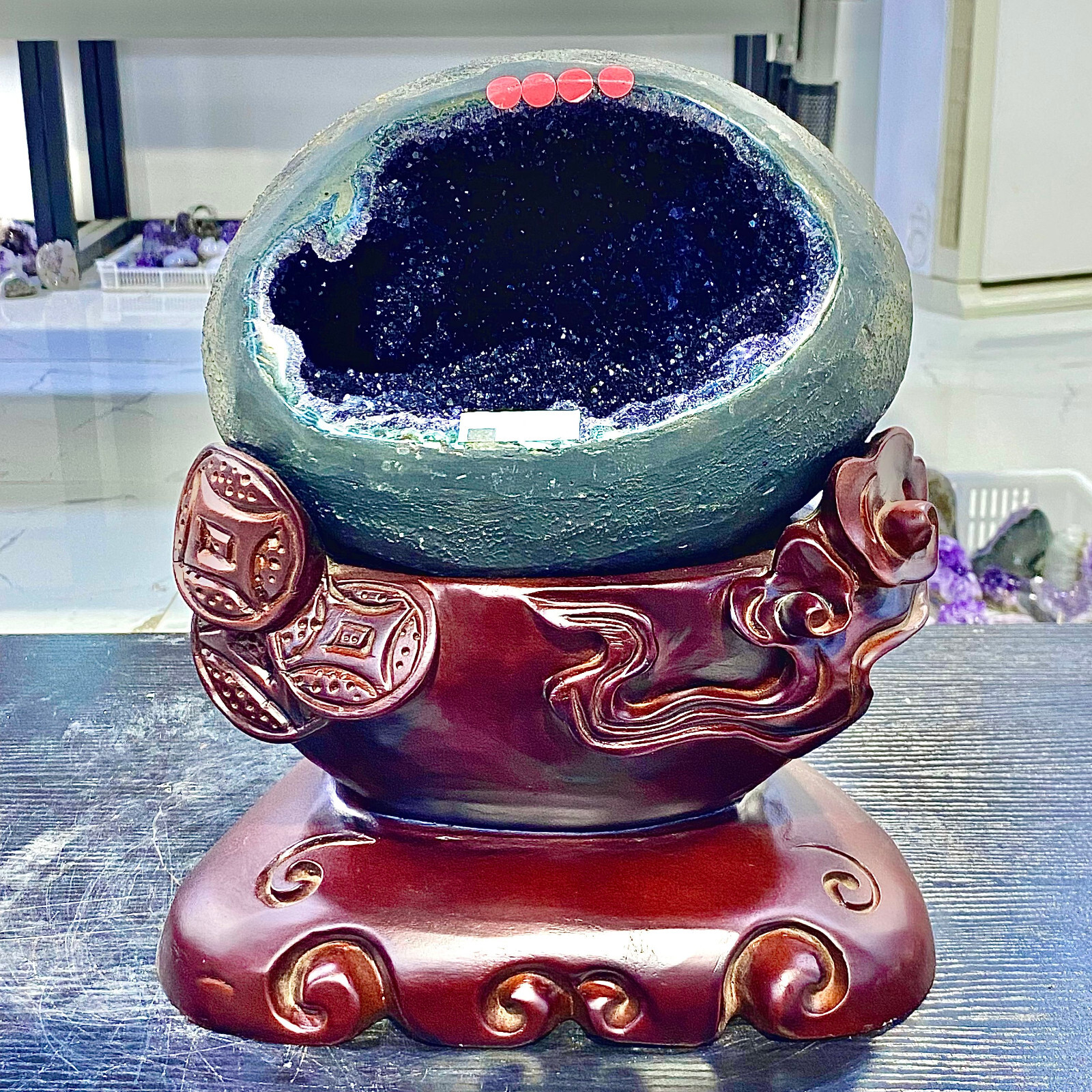 21.03LB Uruguay Natural Amethyst Money Bag Cave Decoration+Bracket