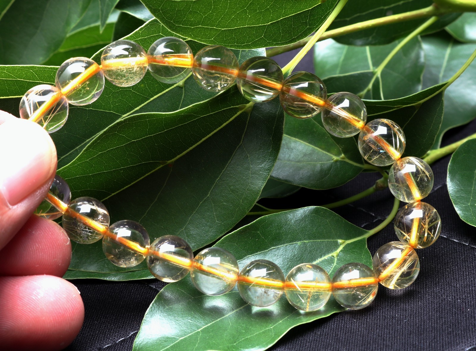 25.7g Rare Natural Clear Gold Rutilated Quartz Crystal 10mm Round Bead Hand cate