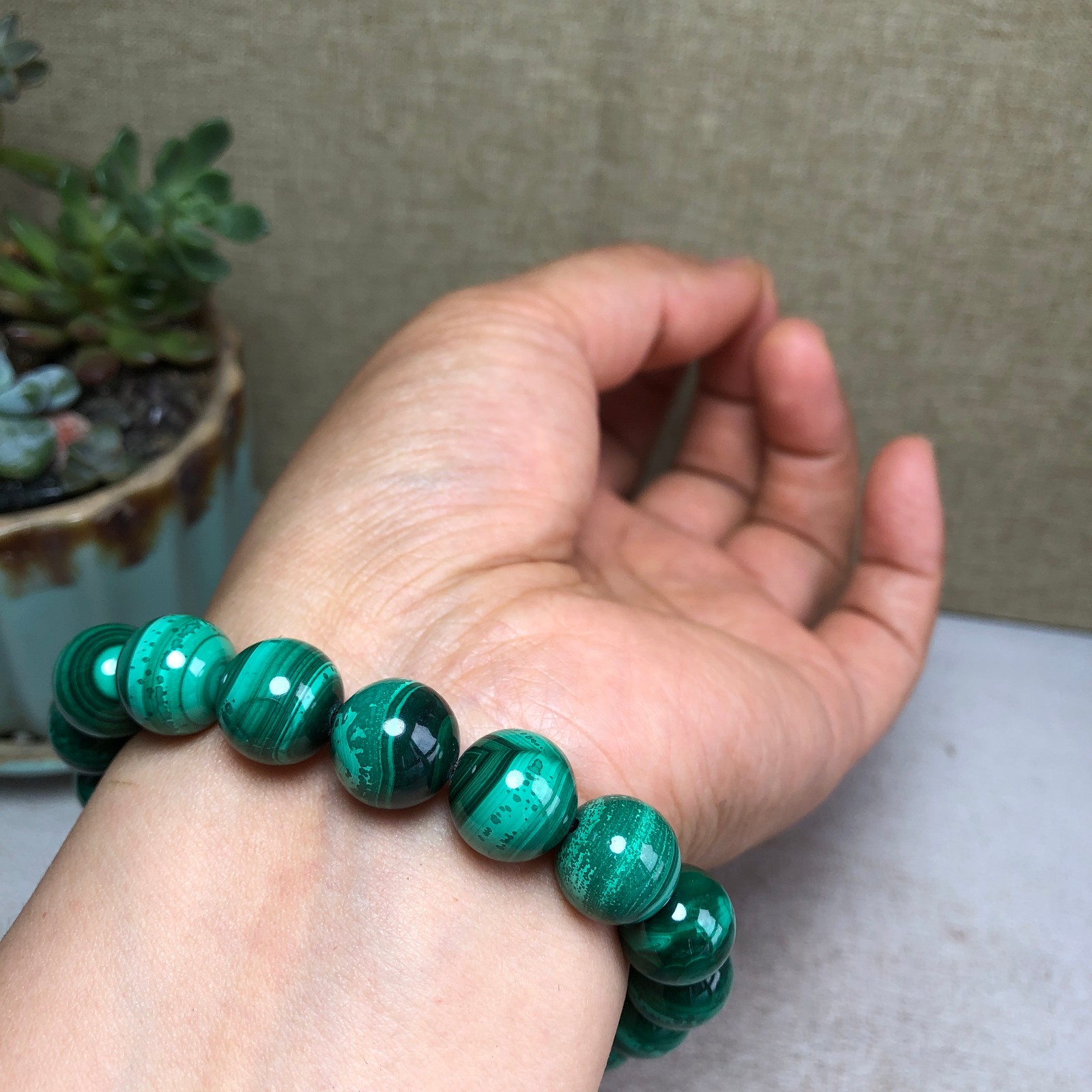 12mm Natural malachite gemstone Crystal chain beads bracelet 67g A4759
