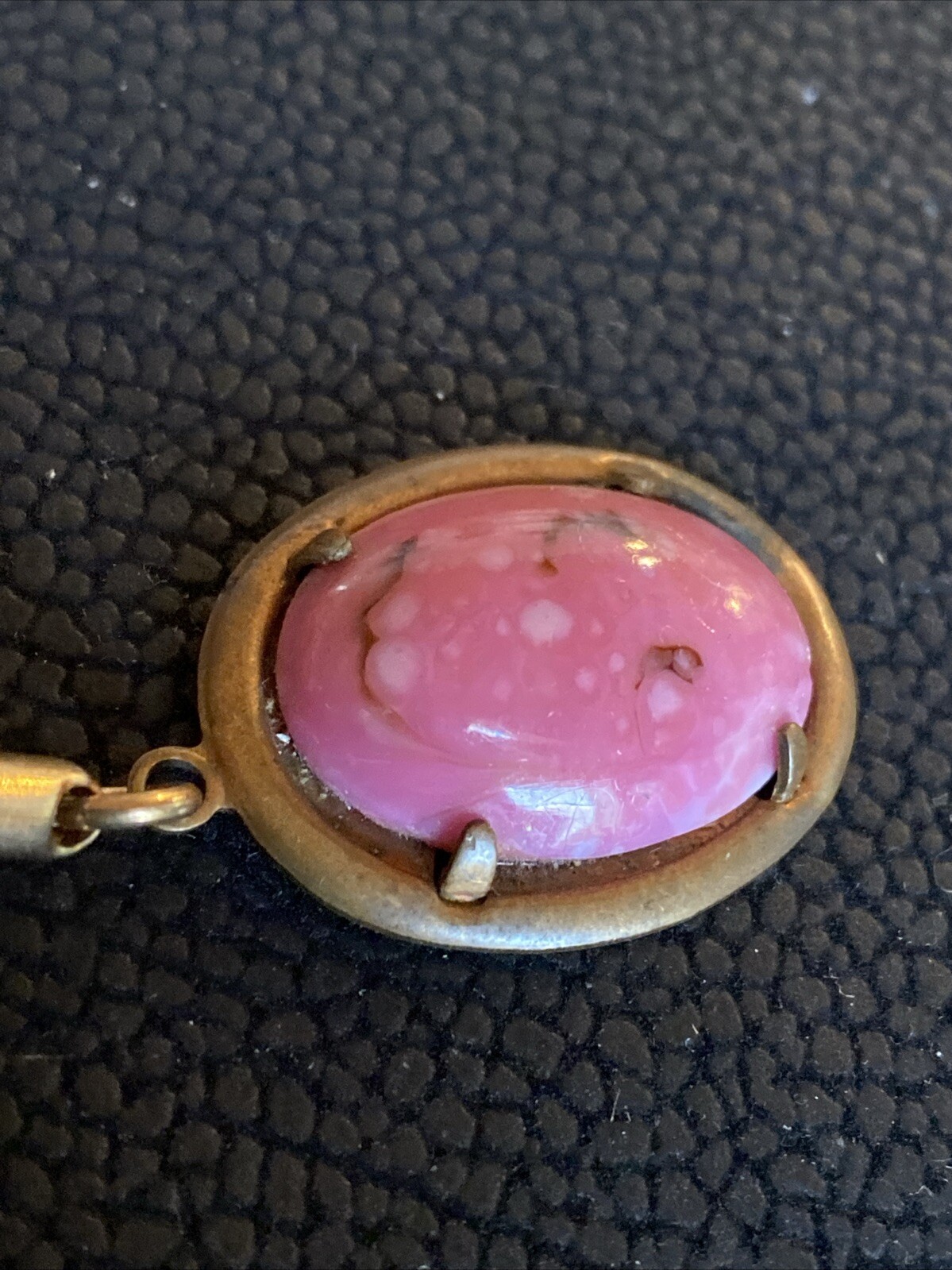 Vintage Pink RHODONITE Heart Gemstone Polished Cabochon Keychain Fob Oval Brass