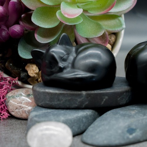 Obsidian Crystal Sleeping Cat Carving Stone Healing Protection Pet Trinket Decor