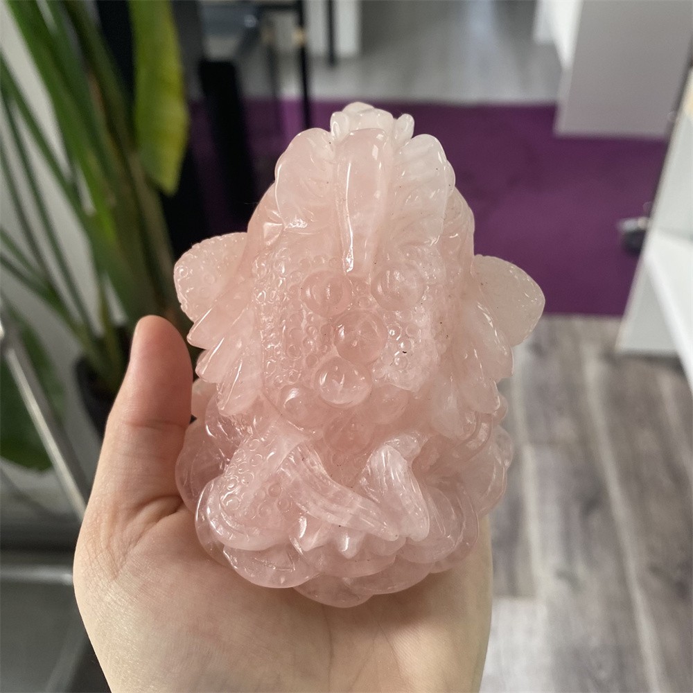 1.1LB 3.5″Natural Rose Quartz Golden Toad Crystal Reiki Carving Heal Decor