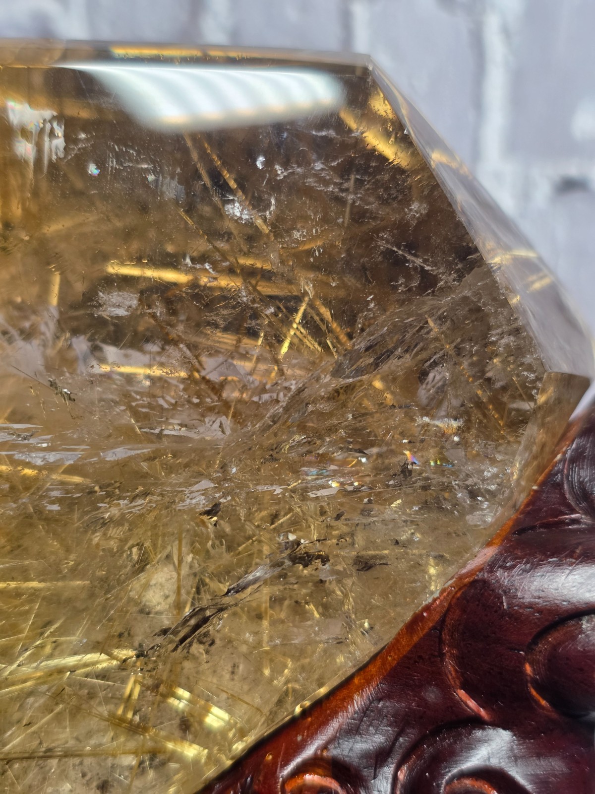Museum Grade Golden Rutilated Quartz Freeform Rainbow Crystal w/ Carved Stand