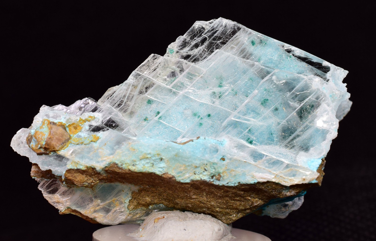 7.5cms GEM ATACAMITE INSIDE SELENITE CRYSTAL CHRYSOCOLLA LILY MINE PERU DB139