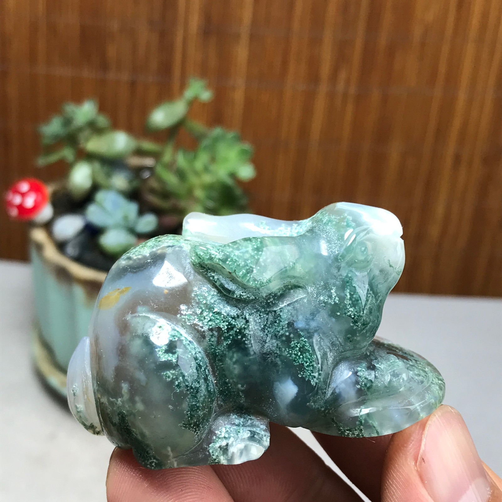 Natural Moss agate carve Rabbit & Copper Coin Figurine, Feng Shui Wealth Luck 86