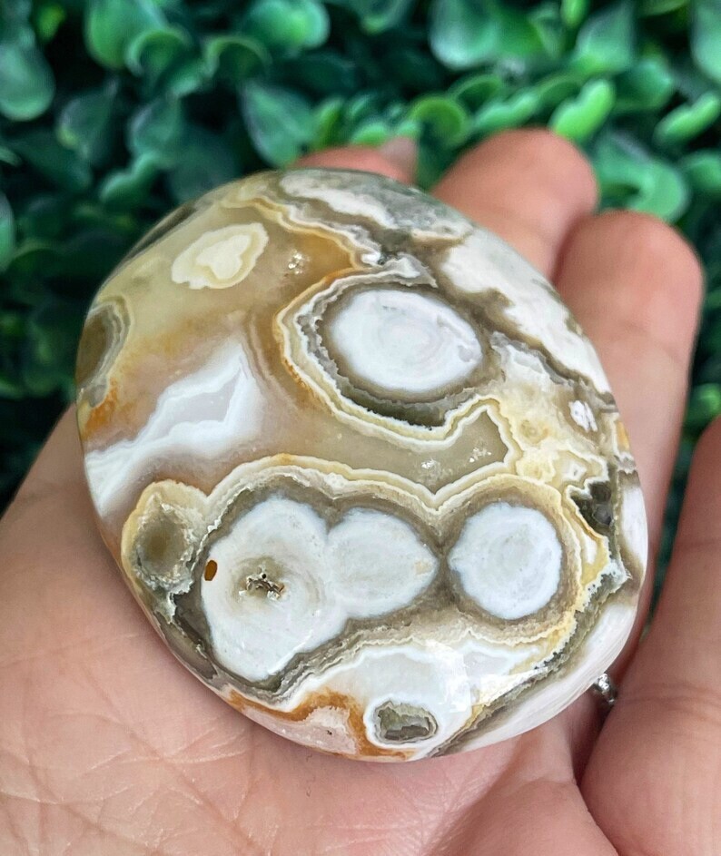 8th Vein Ocean Jasper Big Palmstone with Orbs and Quartz Collectors Crystal