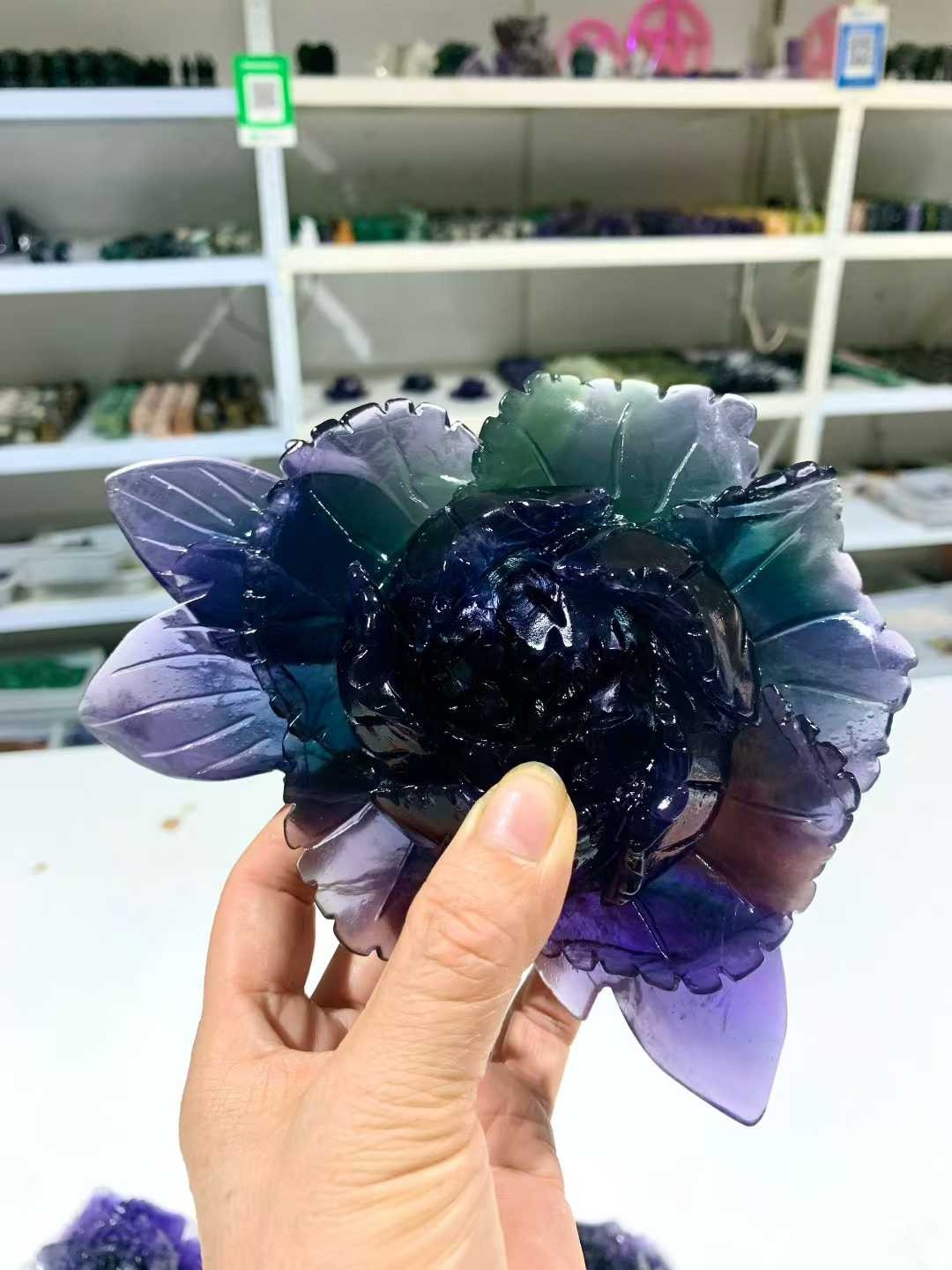 1pc Natural Purple Fluorite Quartz Carved Peony Flower Skull Crystal Reiki Decor