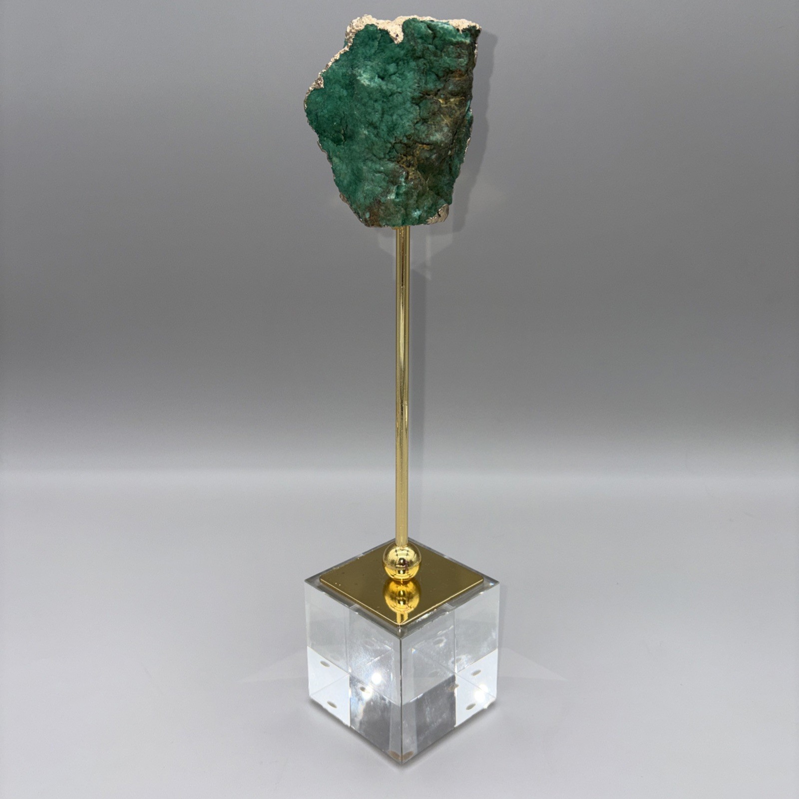 12.5″ Crystal Geode Sculpture Post Stand 12K Gold Plated Edge Acrylic Base Druzy