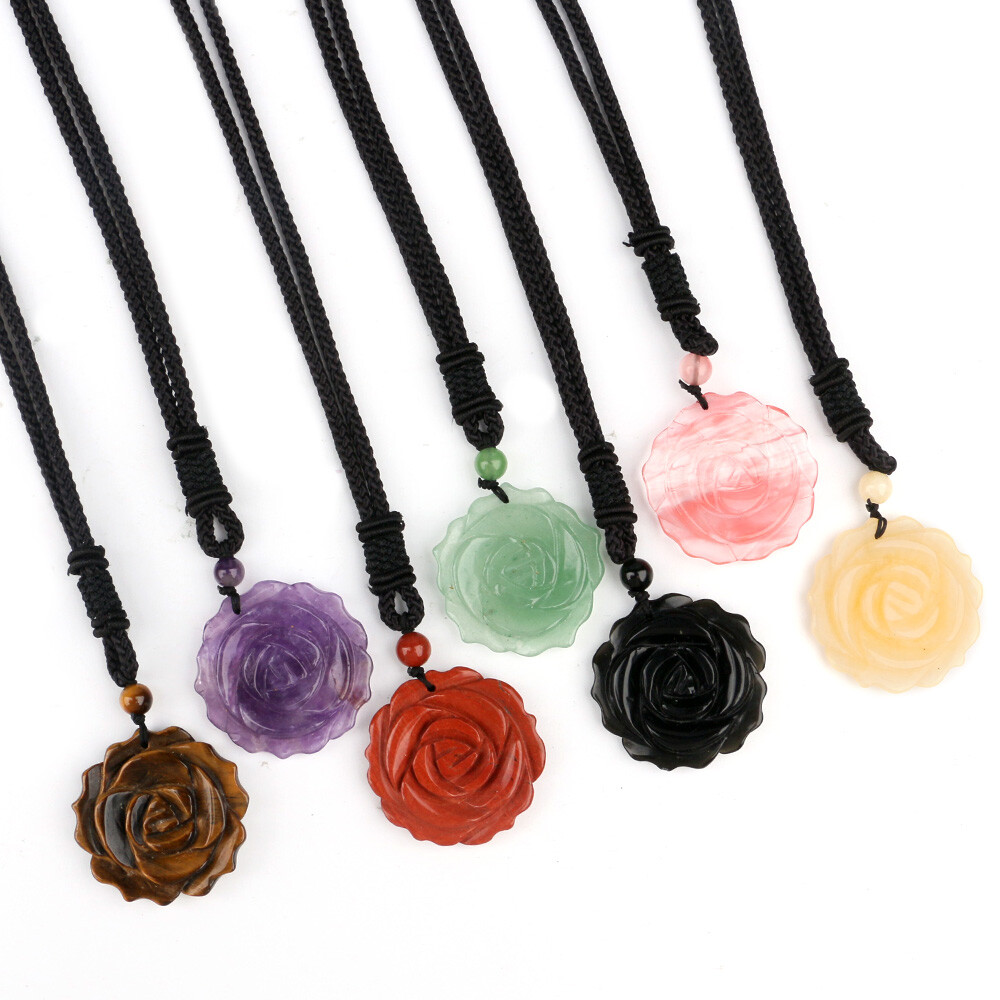 Natural 35mm Crystal Carved Rose Flower Necklace Gemstone Reiki Pendant Charm