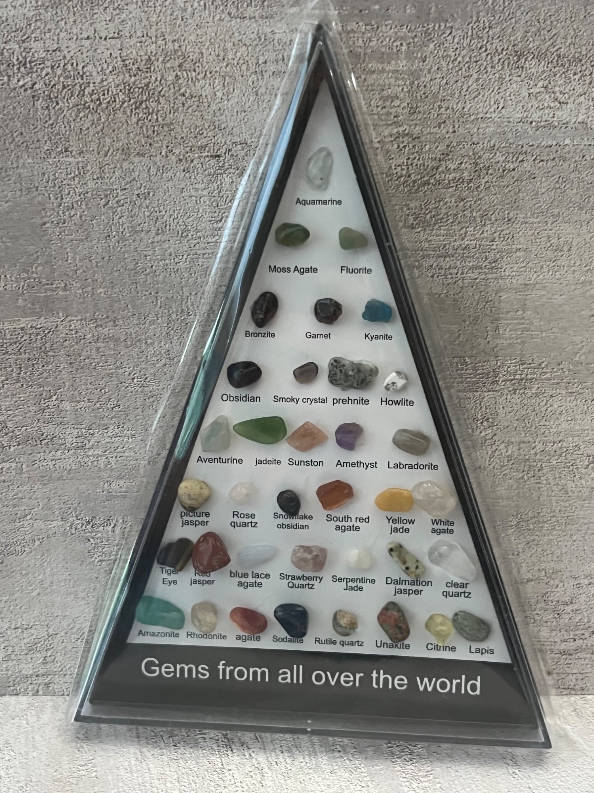 Gems Crystals Stones Rocks, From All Over The World In Triangle Display Box