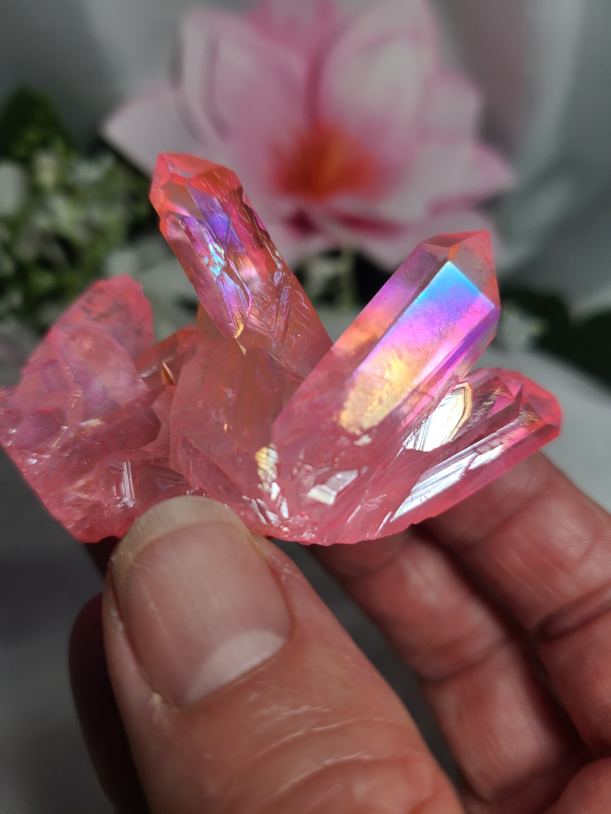 2.6″ 65g Beautiful Brazilian Pink Rainbow Aura Quartz Crystal Cluster Point