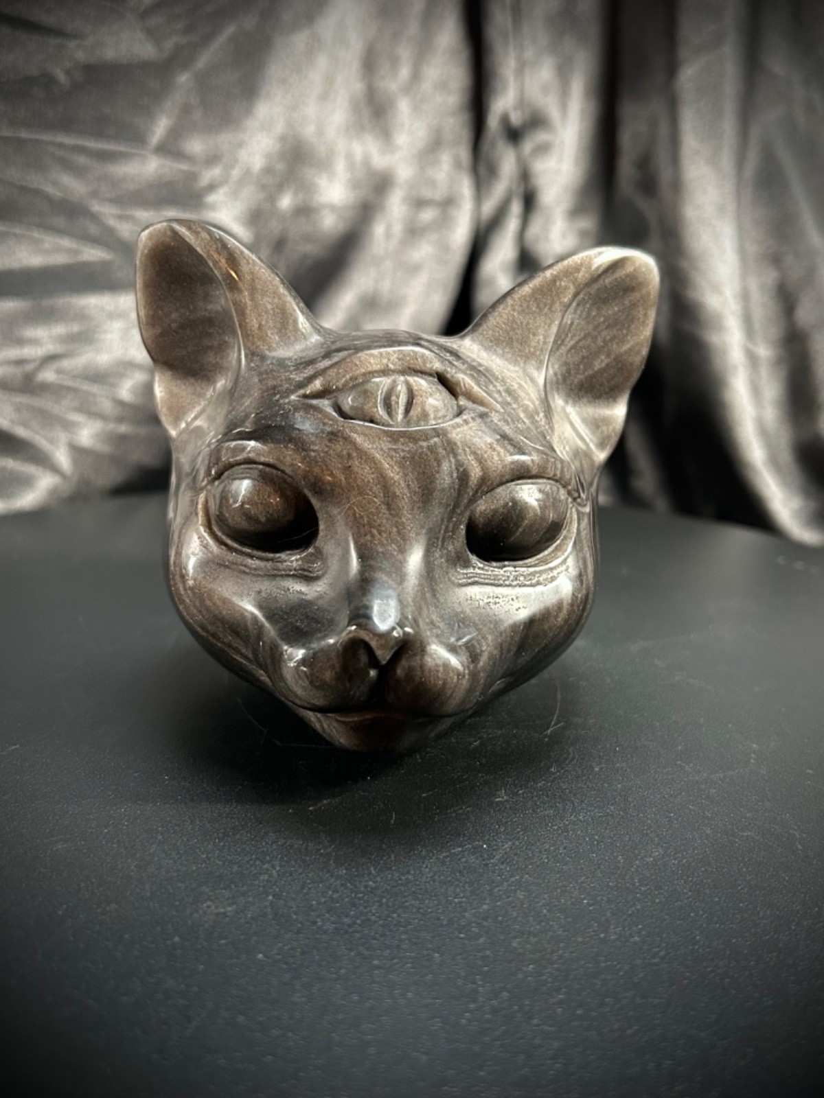 3.61″ Mesmerizing Silver Obsidian Third Eye Cat Carving 1lb 7.3oz