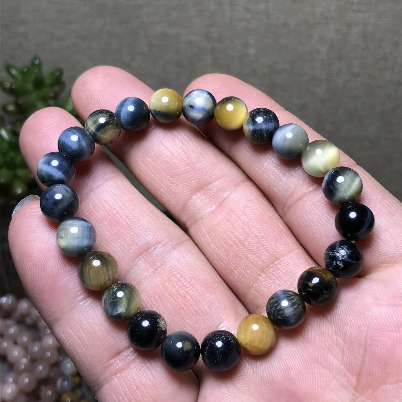 5Pcs Wholesal Natural Polish yellow Blue Tiger eye bracelets Crystal ball 8mm
