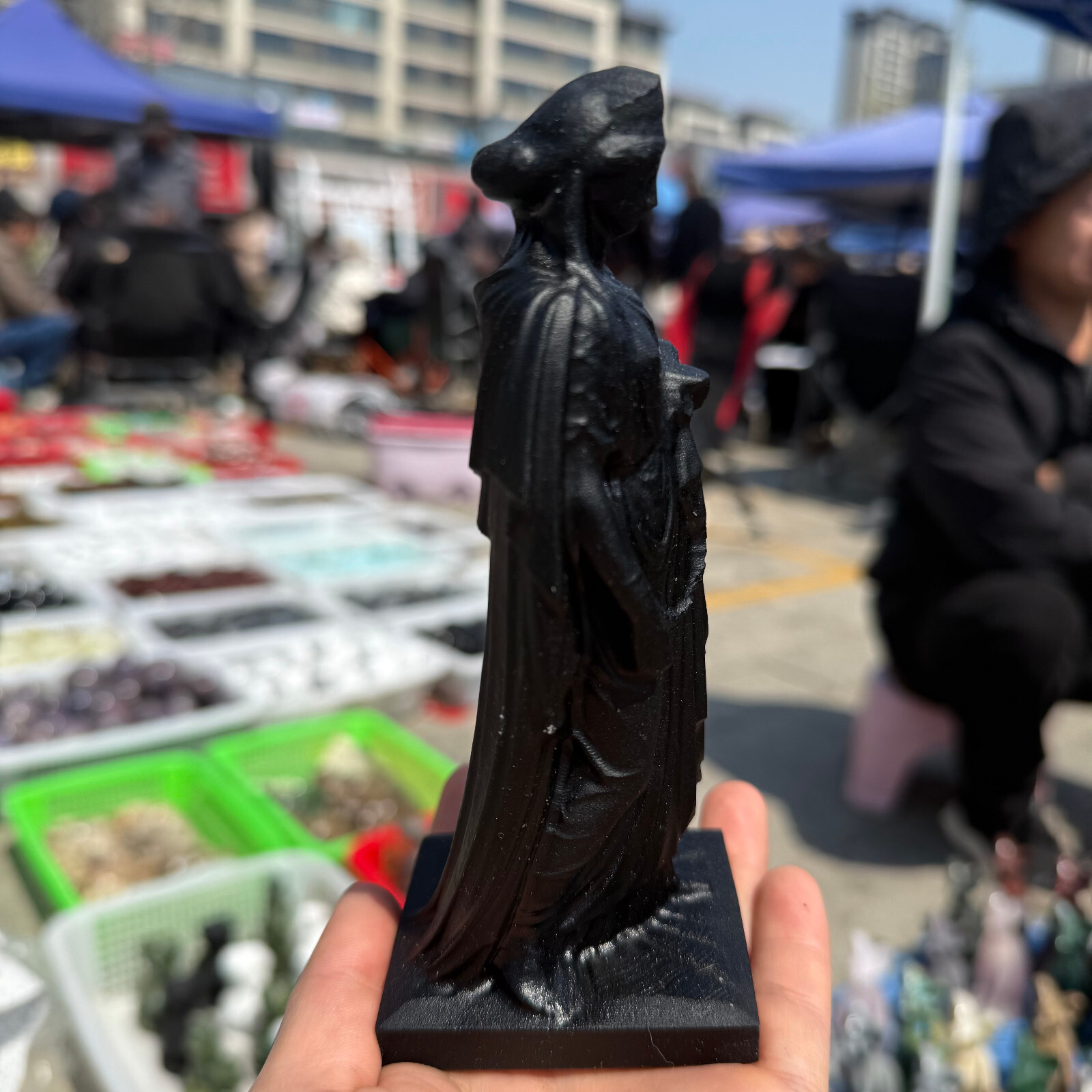 6″ natural Obsidian Virgin of Greece Skull Quartz Crystal Carved Reiki Healing