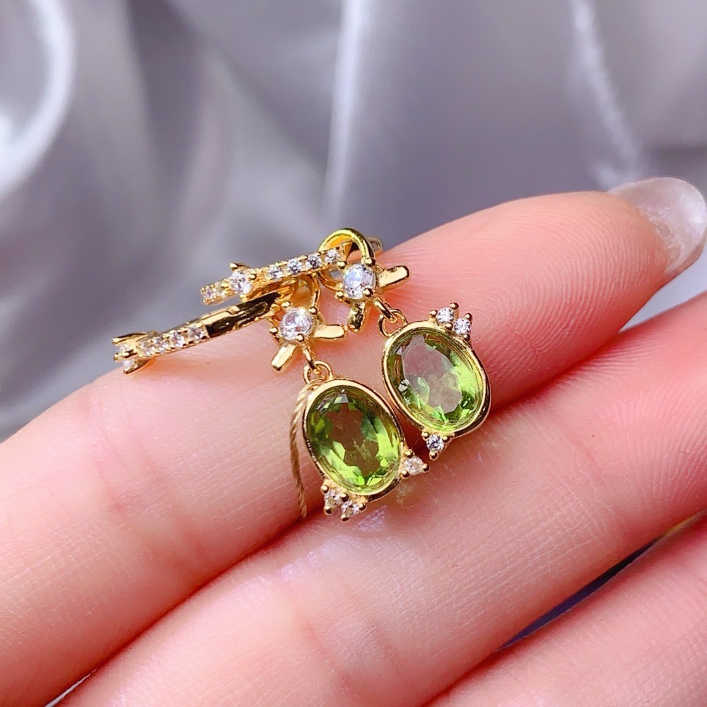 Natural Peridot Drop Earrings S925 Silver Plated 18K Gold Gemstone Jewelry Gift