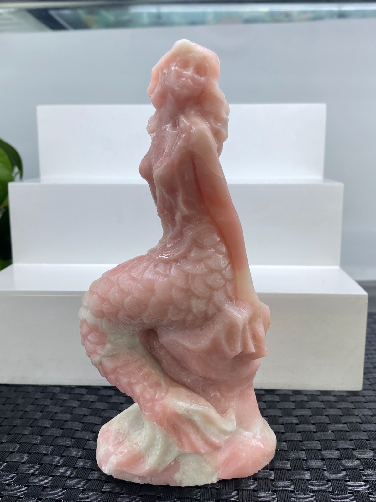 6.2” Natural Pink Opal mermaid skull Carved Quartz Crystal reiki healing gift