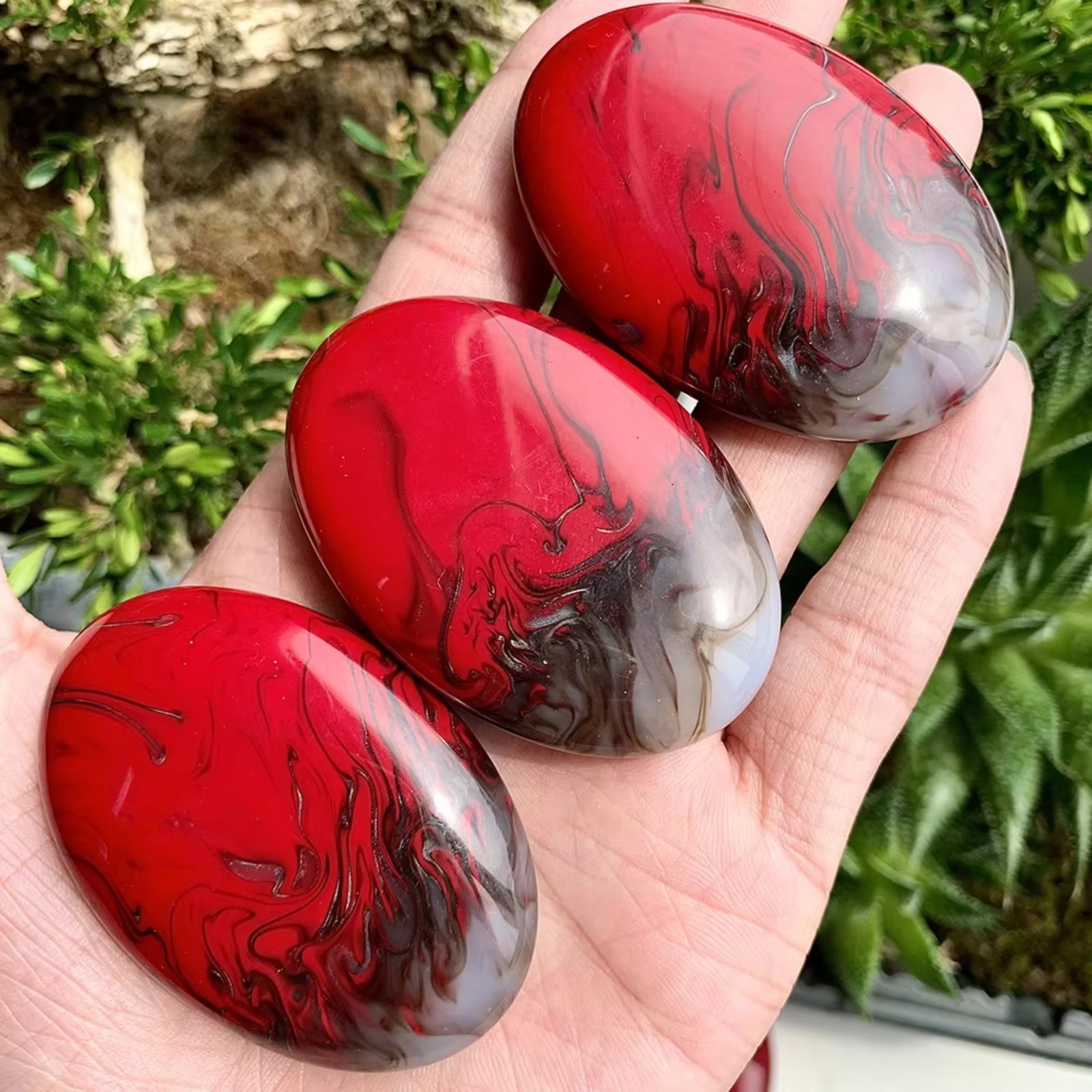 Natural Red Flame Agate Palm Stone Polished Healing Crystal Home Decor Gift