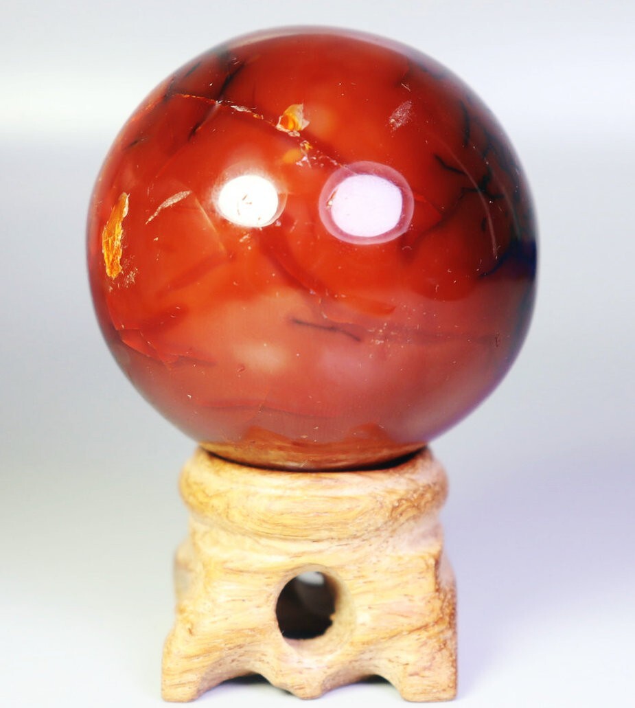 155g Natural Red Orange Carnelian Agate Quartz Crystal Sphere Ball + Stand