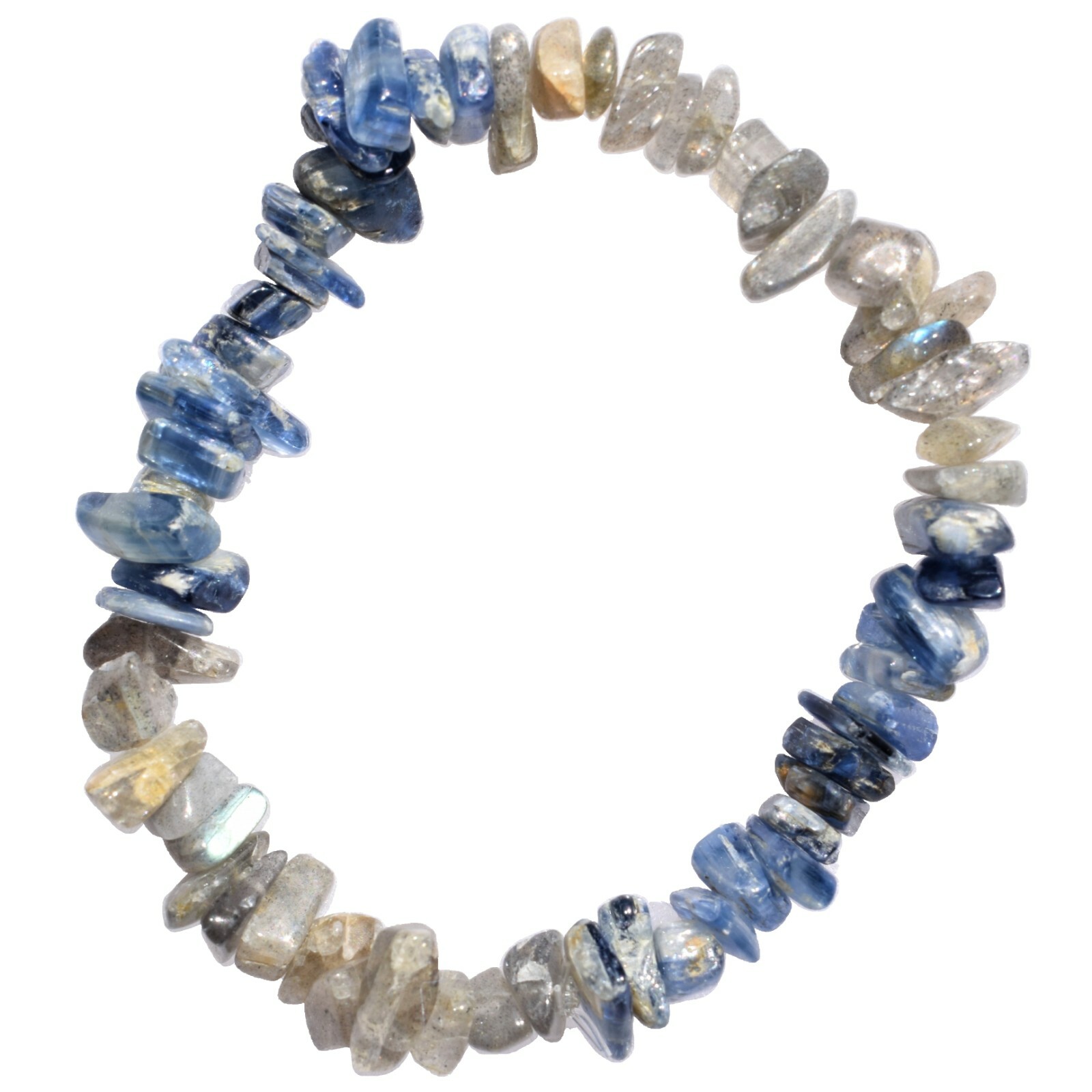 CHARGED Blue Kyanite Labradorite Crystal Chip Stretchy Bracelet + Selenite Heart