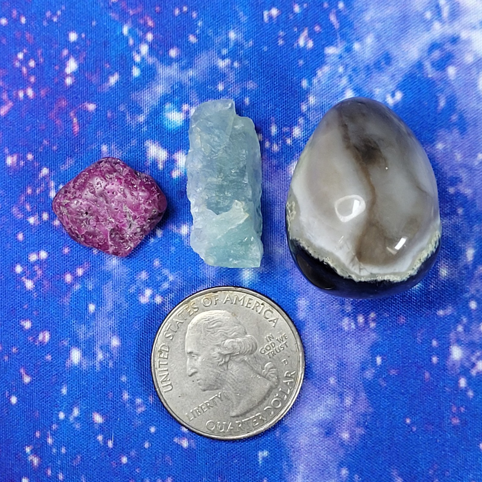 3 UV Glow Reactive Minerals: Ruby, Volcano Agate, Fluorite in Floating Display