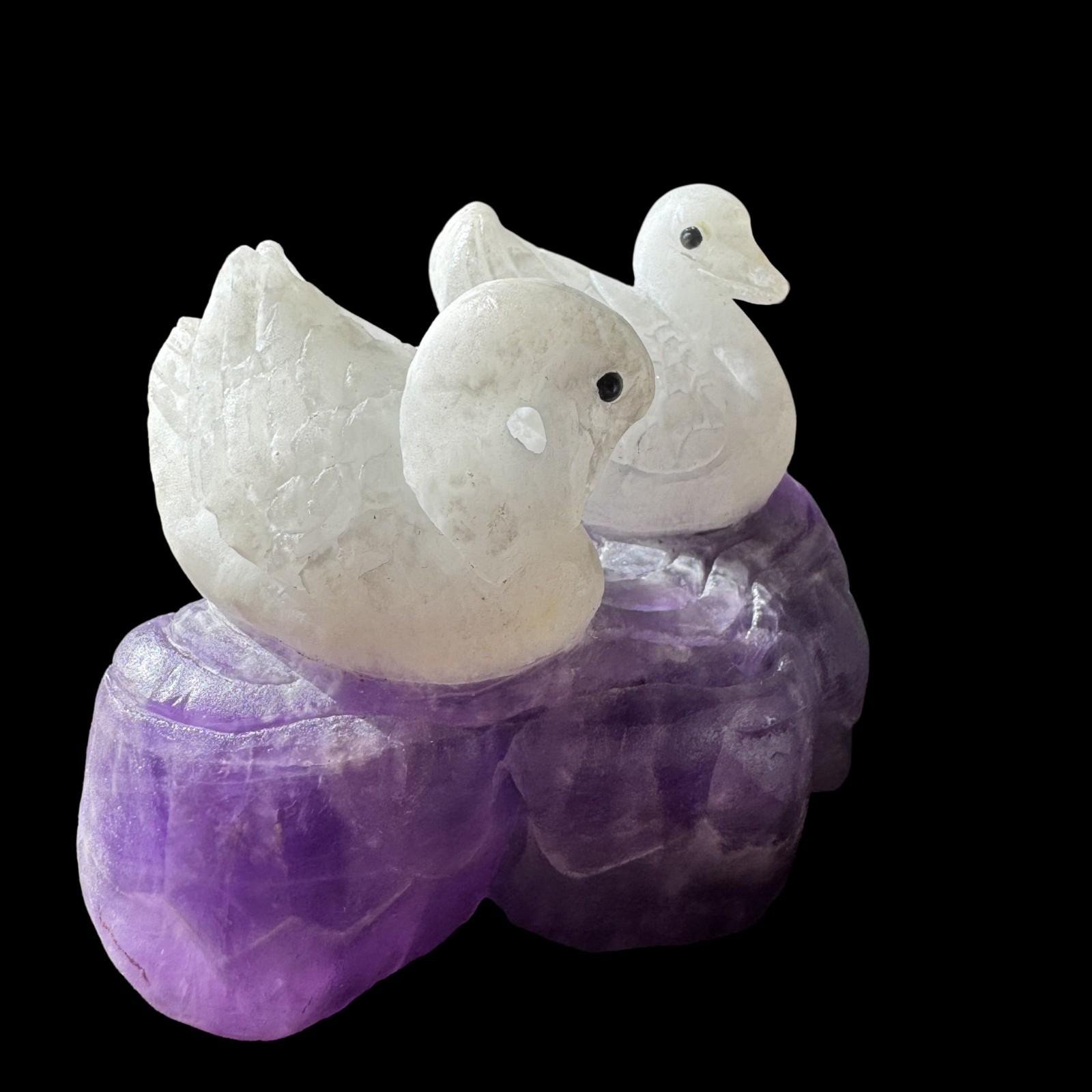 441gTwin Swan Amethyst Sculpture: Soulmate Talisman Carved from Peaceful Stone