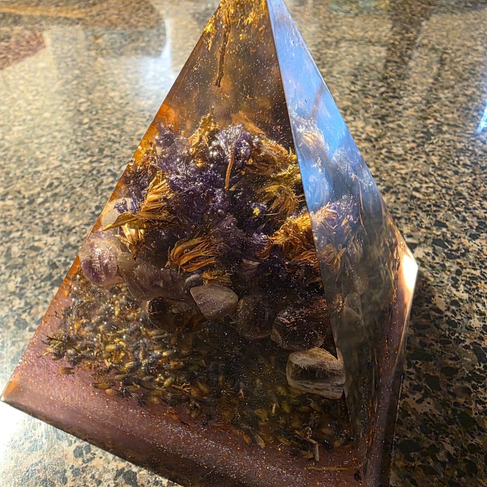 Large Hand Poured Acrylic Pyramid – Flowers & Amethyst Crystals Inside