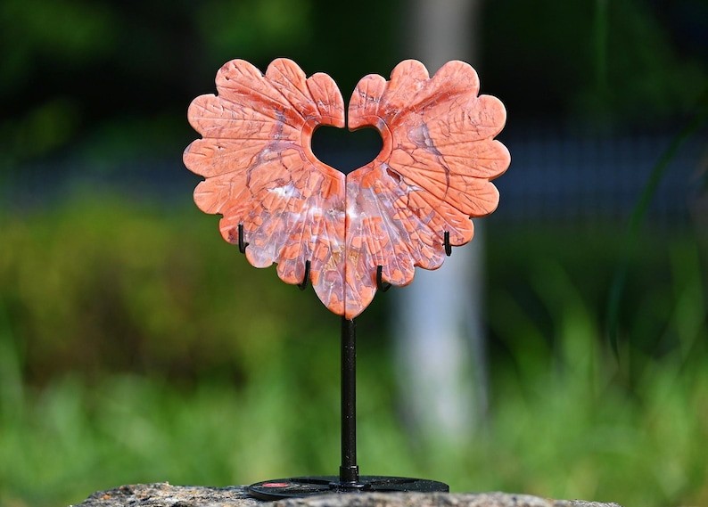 7.6” Natural carved Pink agate Love wing Reiki decor figurine healing gift 1pc
