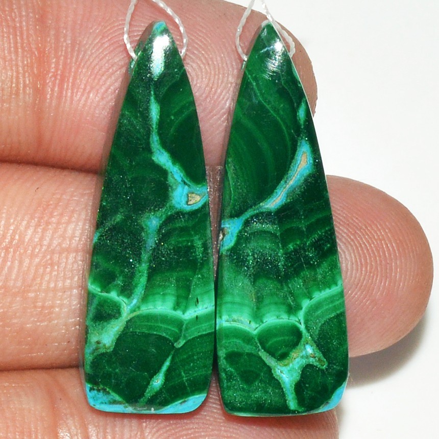 48Cts Natural Malachite Gemstone Cabochon Side Drill Earrings 32x11mm #P2464