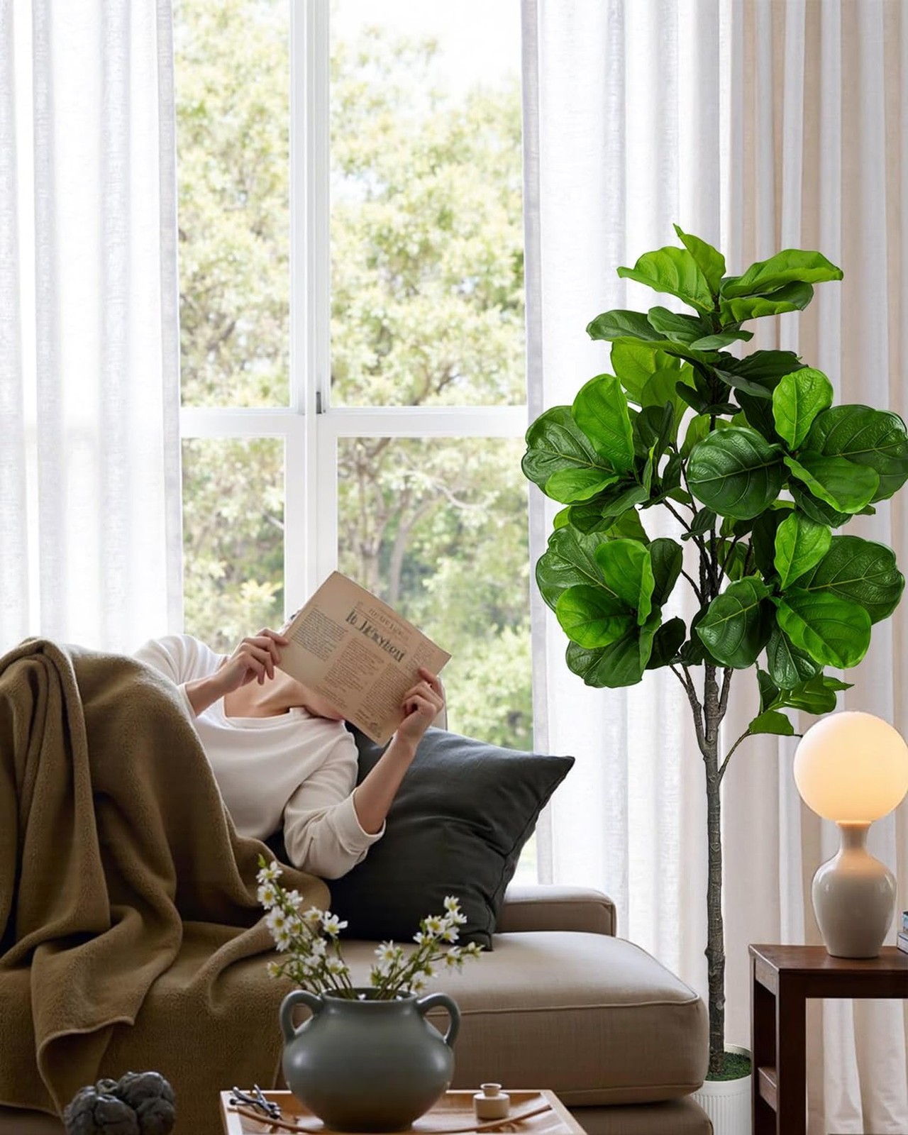 Artificial Fiddle Leaf Fig Tree 6FT – Large Fake Trees with White Planter, Ta…