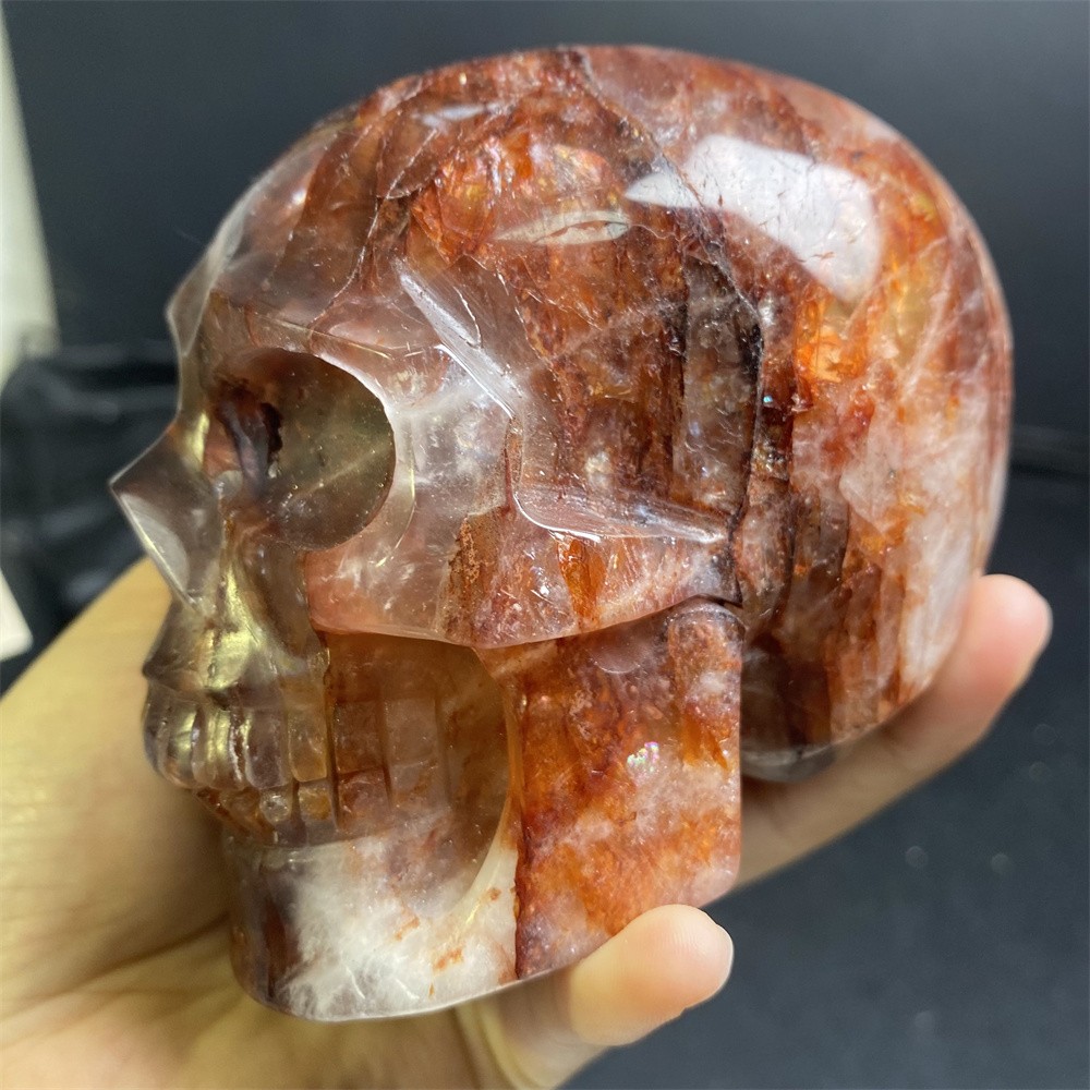 1.6LB 3.8″Natural A+++Red Fire Quartz Skull Statue Crystal Reiki Carving Decor
