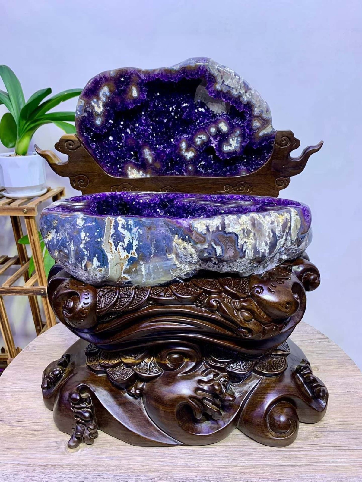 123.LB Large! Natural A treasure basin of amethyst cave in Uruguay Reiki + Stand