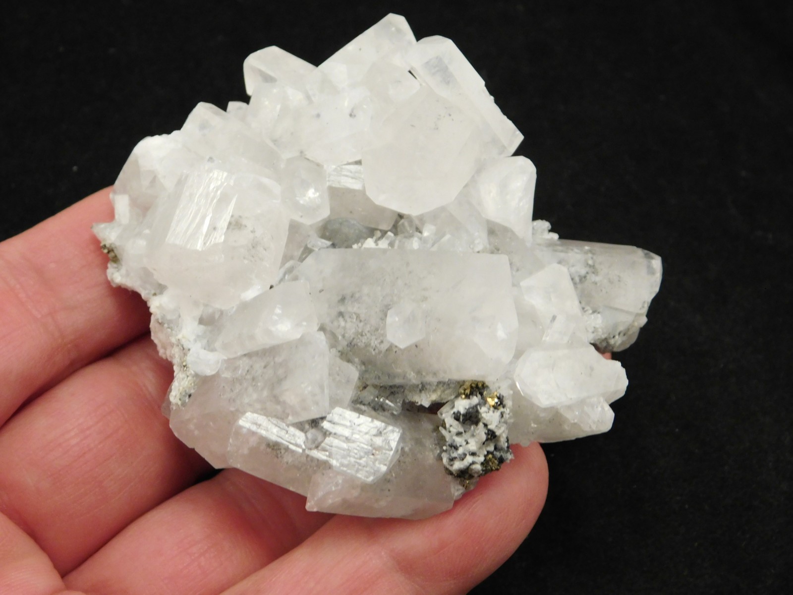 FLUORESCENT Calcite Crystal Cluster on Druzy PYRITE Peru 122gr