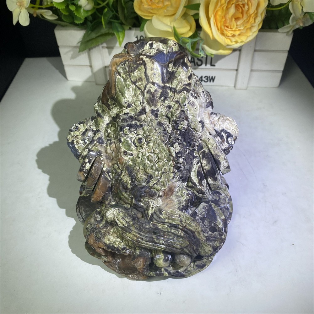 5.6LB 5.9″Natural A+Geode Money Agate Golden Toad Crystal Reiki Carving Decor