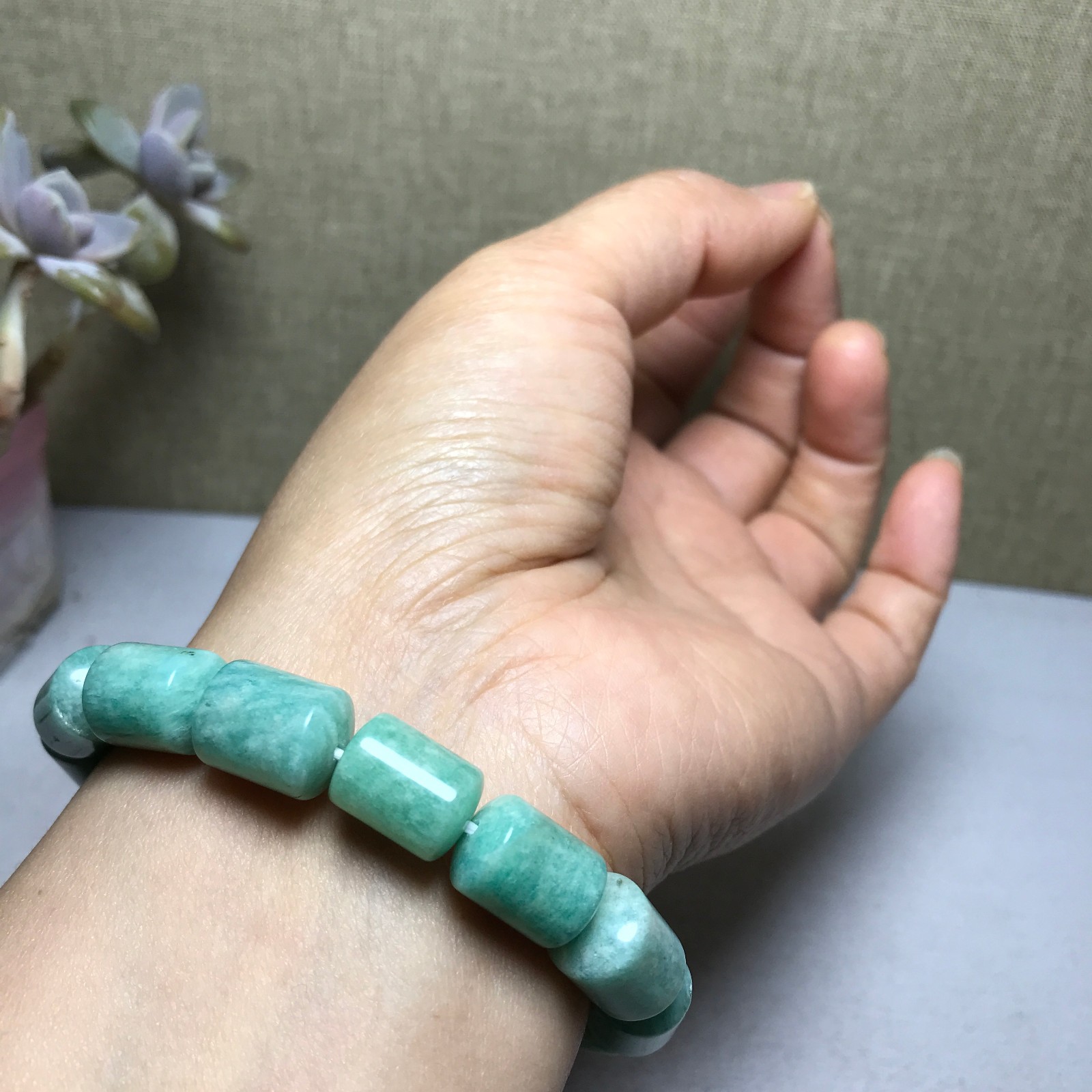 Rare Natural amazonite gemstone Crystal chain barrel beads bracelet 37g A3011