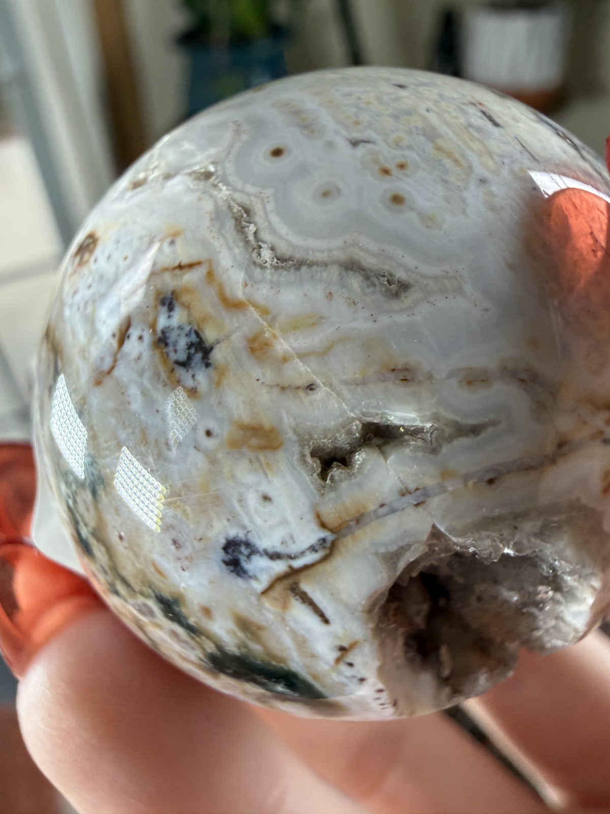 8th Vein Ocean Jasper Sphere – Druzy Sparkly – Green, Beige & White – 3.56oz