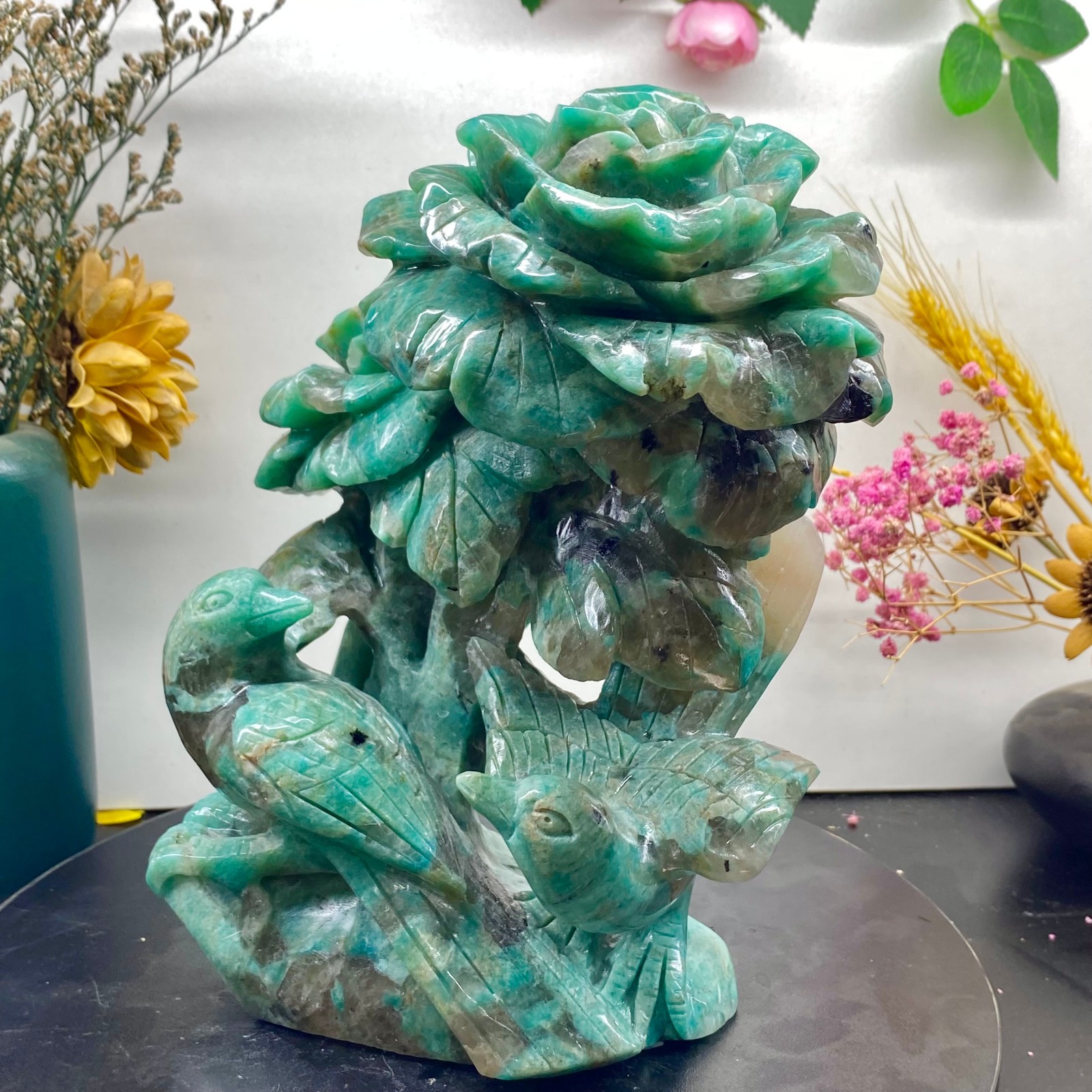 6.4LB Natural jade carvings flowers birds magpies crystal spiritual energy