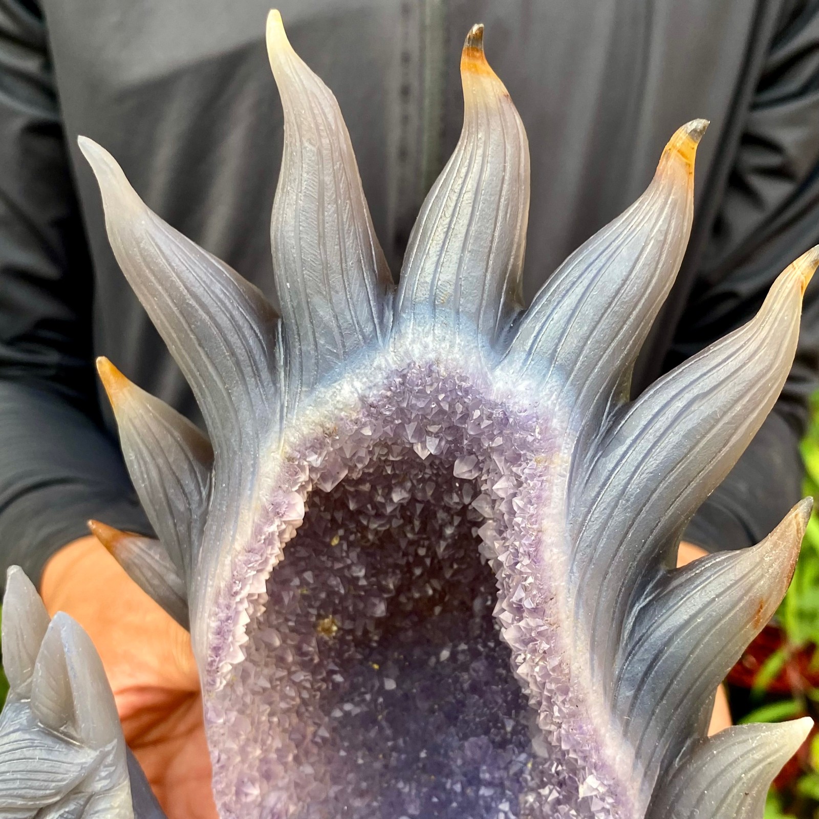 2.86LB Natural Agate Geode Hand Carved Nine-tailed Fox Quartz Crystal Decor