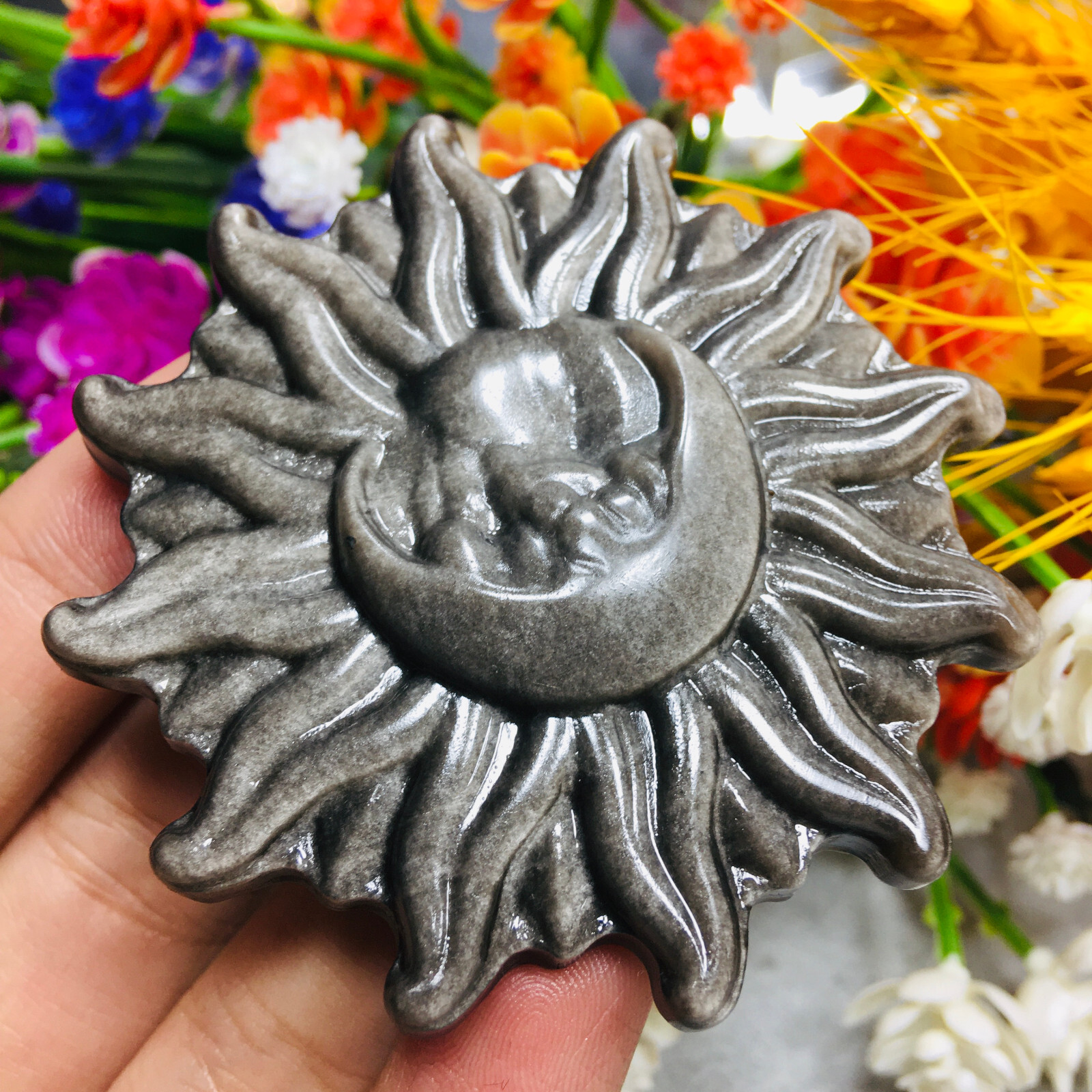 Natural Silver Obsidian Sun Moon Quartz Skull Crystal Specimen Reiki Healing 1pc