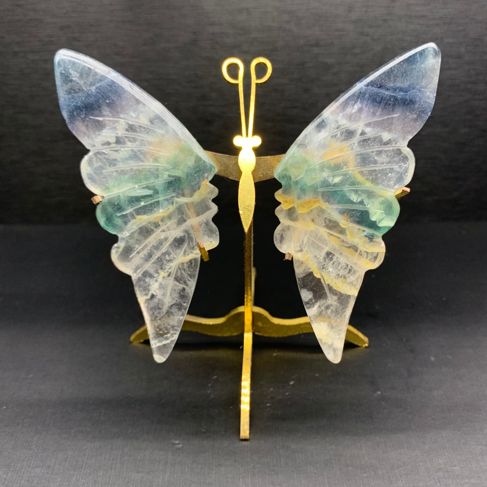 100G Natural Crystal Fluorite Butterfly Wings Healing Statue Decor + Stand