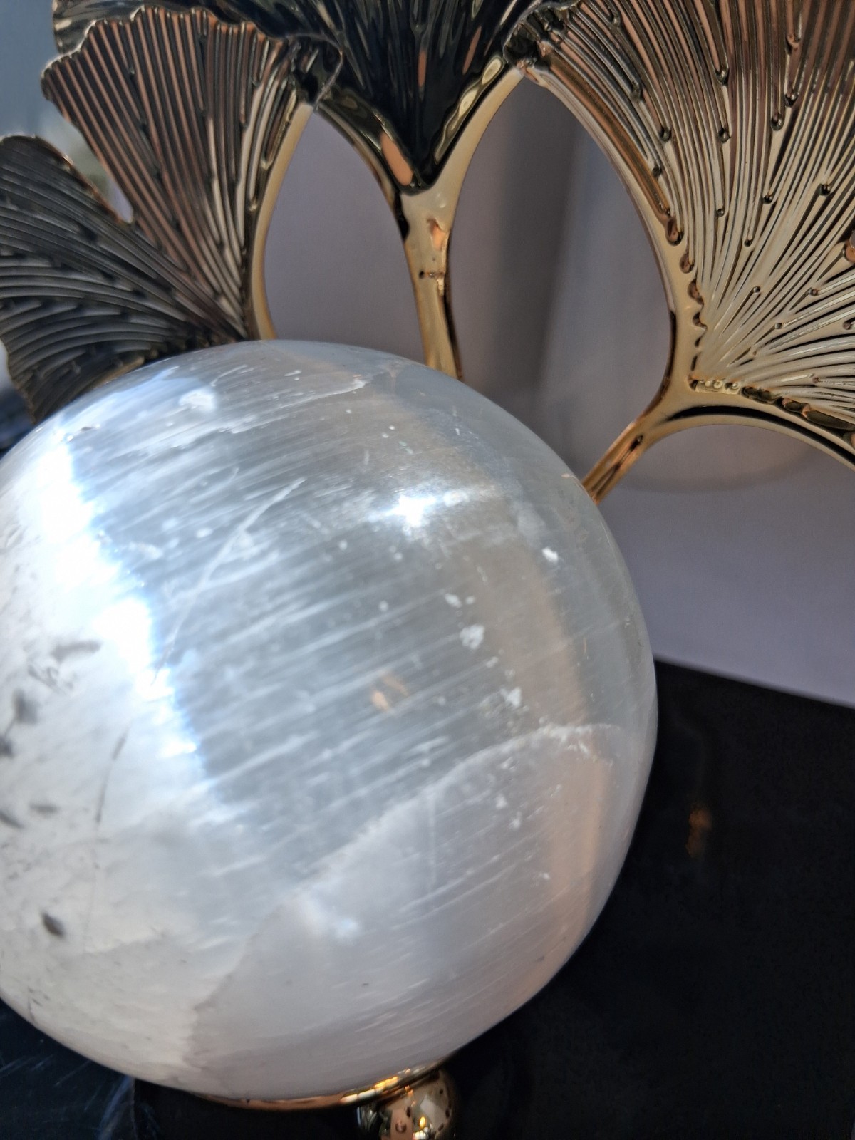 Butterfly Ginko Leaf Gold Tone Sphere Holder; w/ Solid White Quartz Sphere; New!