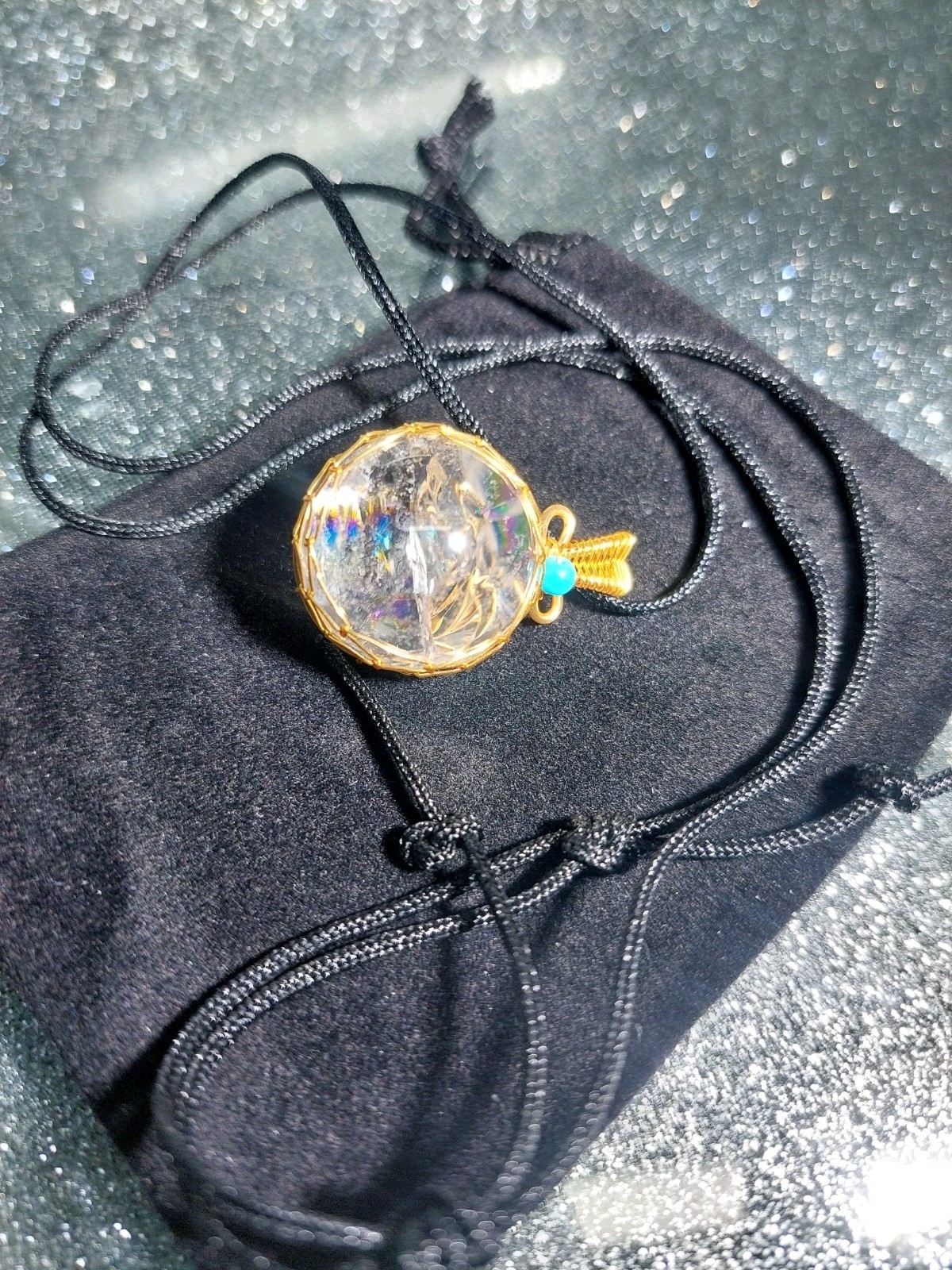 Clear Quartz Sphere Necklace 21mm Gold Wire Wrap – Rainbow High Quality