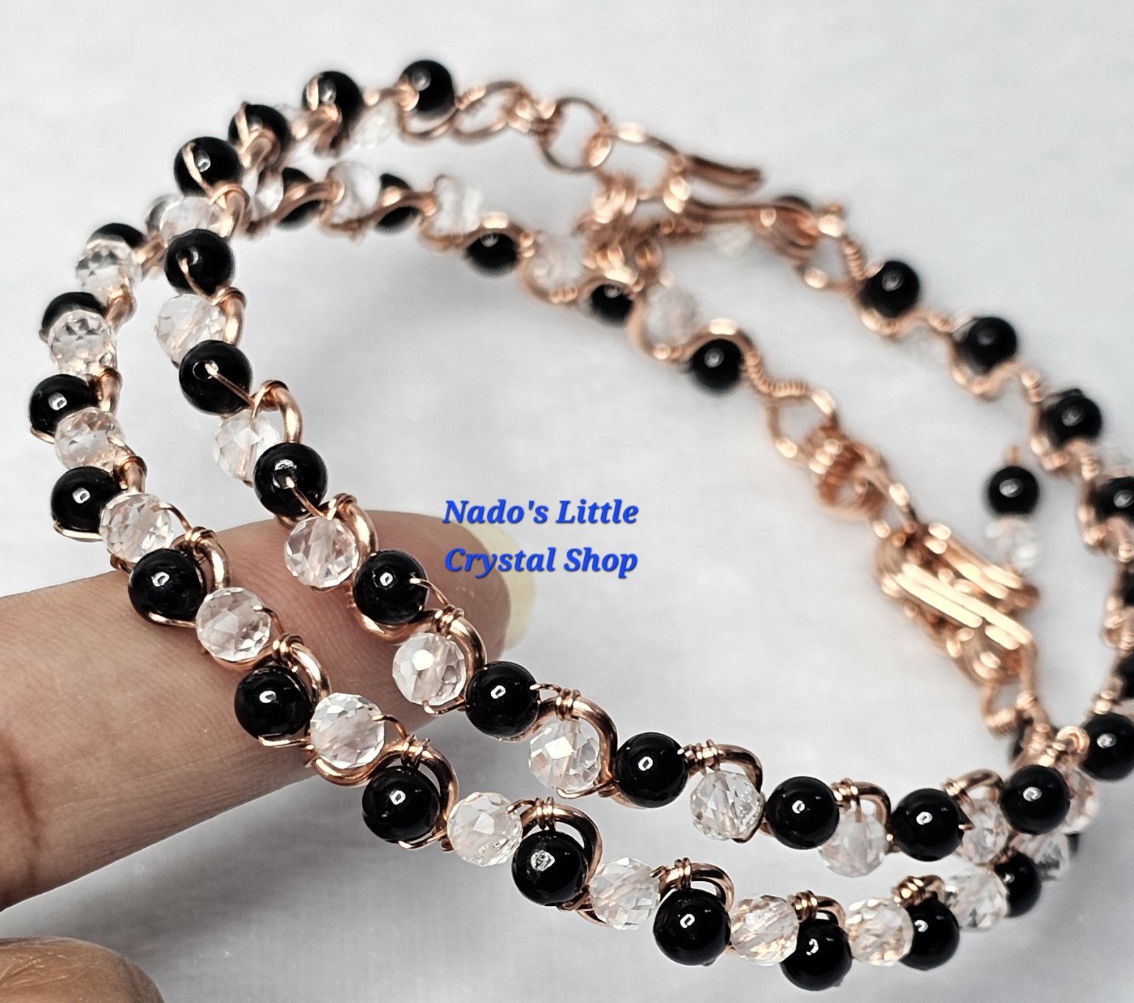 Clear Quartz and Black Tourmaline Bracelet 5mm Beads Wrapped In Copper 8 Inches