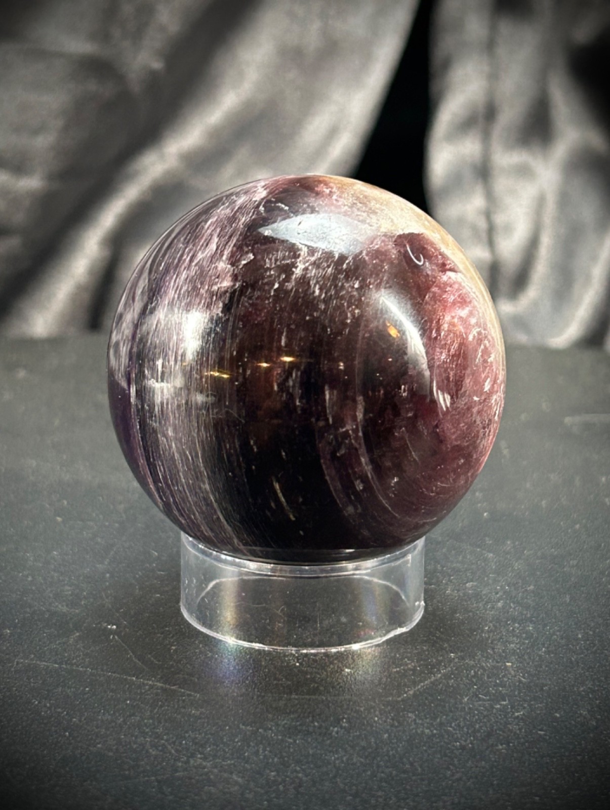 2″ Gem Lipidolite and Hematoid Quartz Sphere with Acrylic Stand 6.5 oz