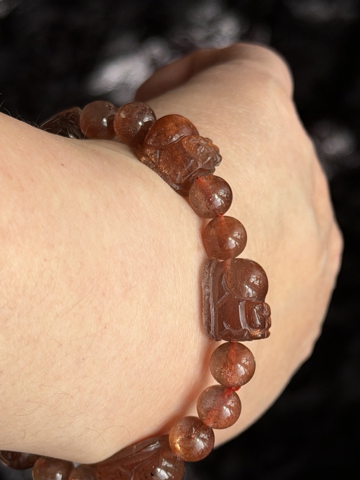 14mm Natural Pixiu Sunstone Flashy Crystal Bracelet Fits 7-7.5” Wrists