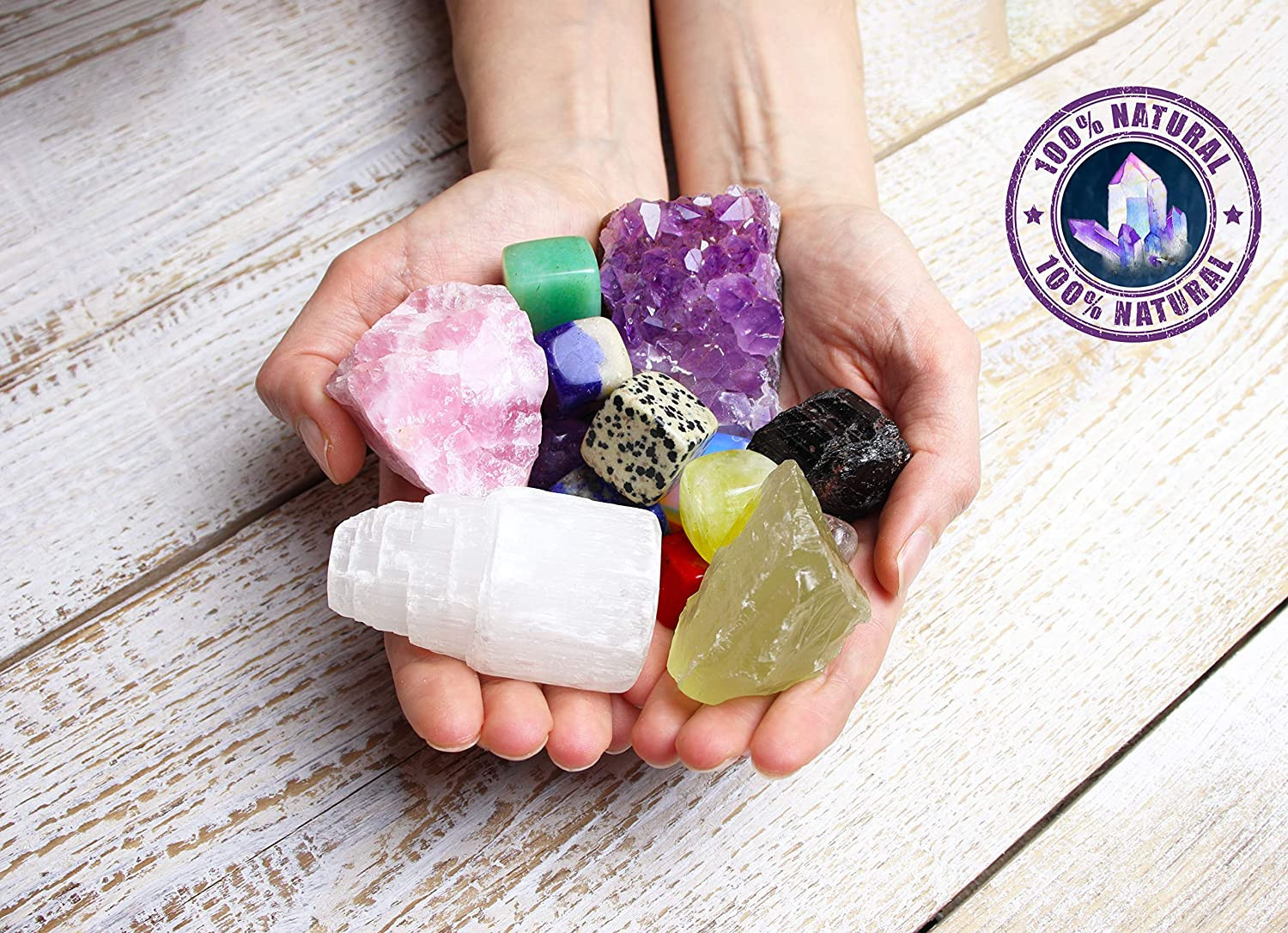 16 LARGE Natural Healing Crystals Set in Wooden Box – Tumbled, Rough & Raw Cryst