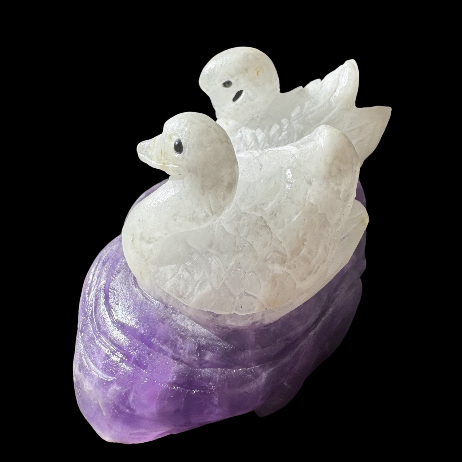 441gTwin Swan Amethyst Sculpture: Soulmate Talisman Carved from Peaceful Stone